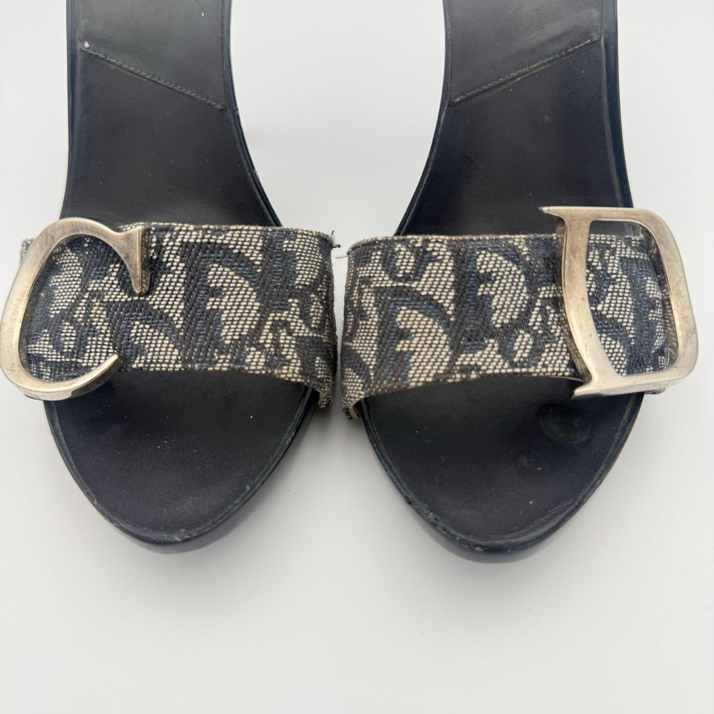 Vintage Dior by John Galliano CD Sandal Mule Heels in Navy Monogram Canvas