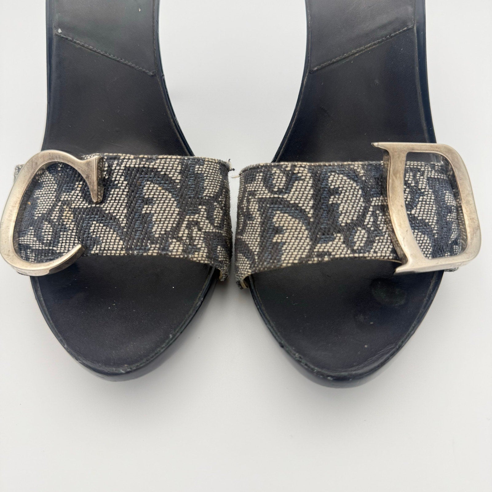 Vintage Dior by John Galliano CD Sandal Mule Heels in Navy Monogram Canvas