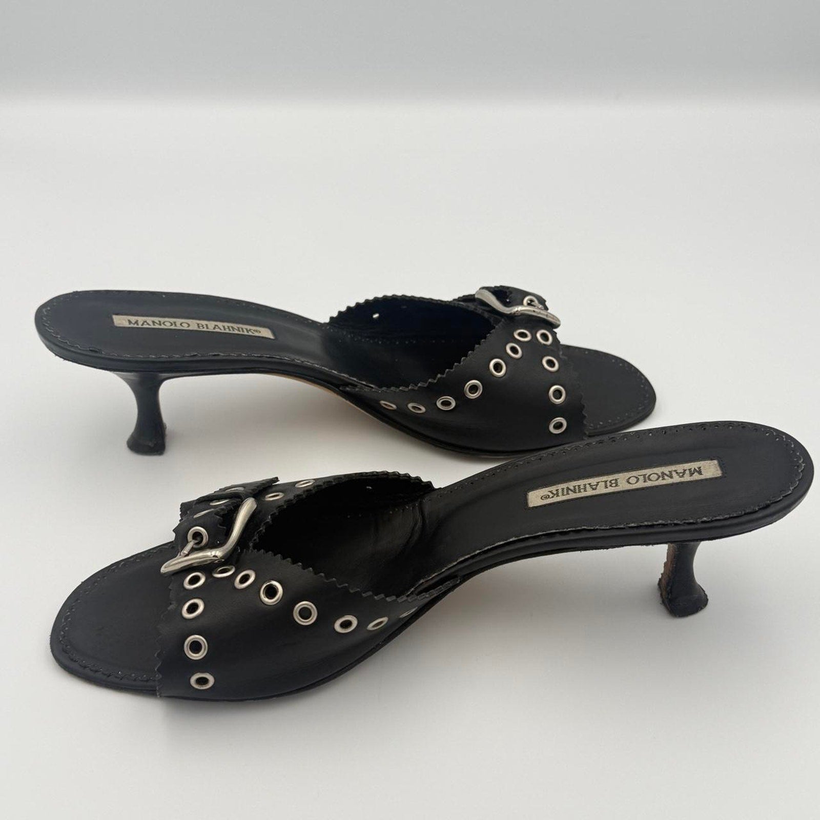 Vintage Manolo Blahnik Black Leather Kitten Heel Mules with Silver Grommets