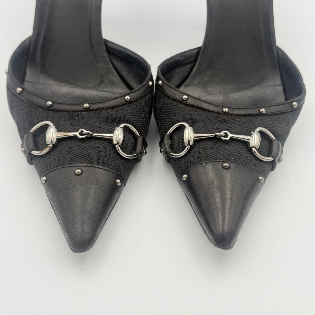 Vintage Gucci Monogram Horse bit Heels with Black Leather Cap Toe and Stud Detail