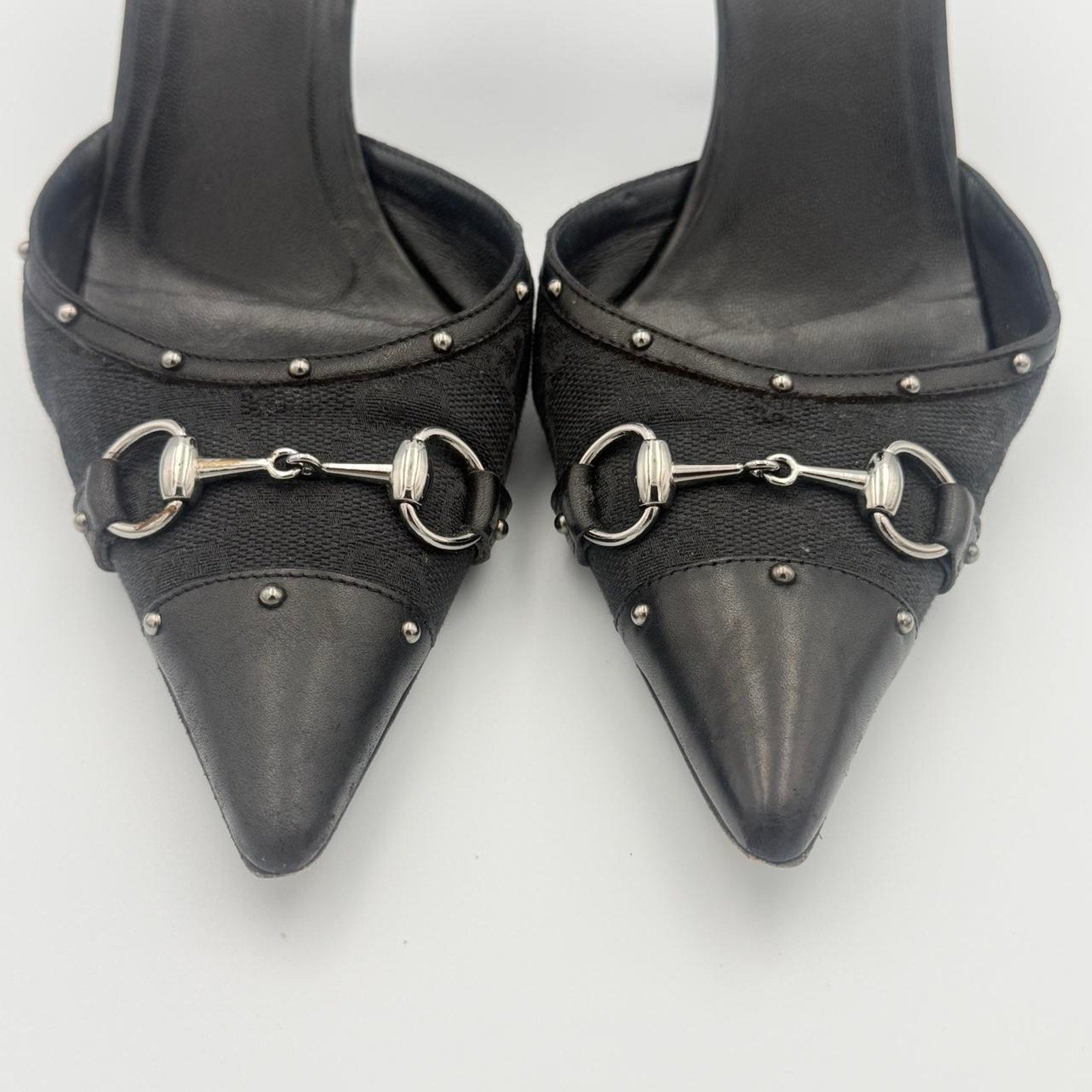 Vintage Gucci Monogram Horse bit Heels with Black Leather Cap Toe and Stud Detail