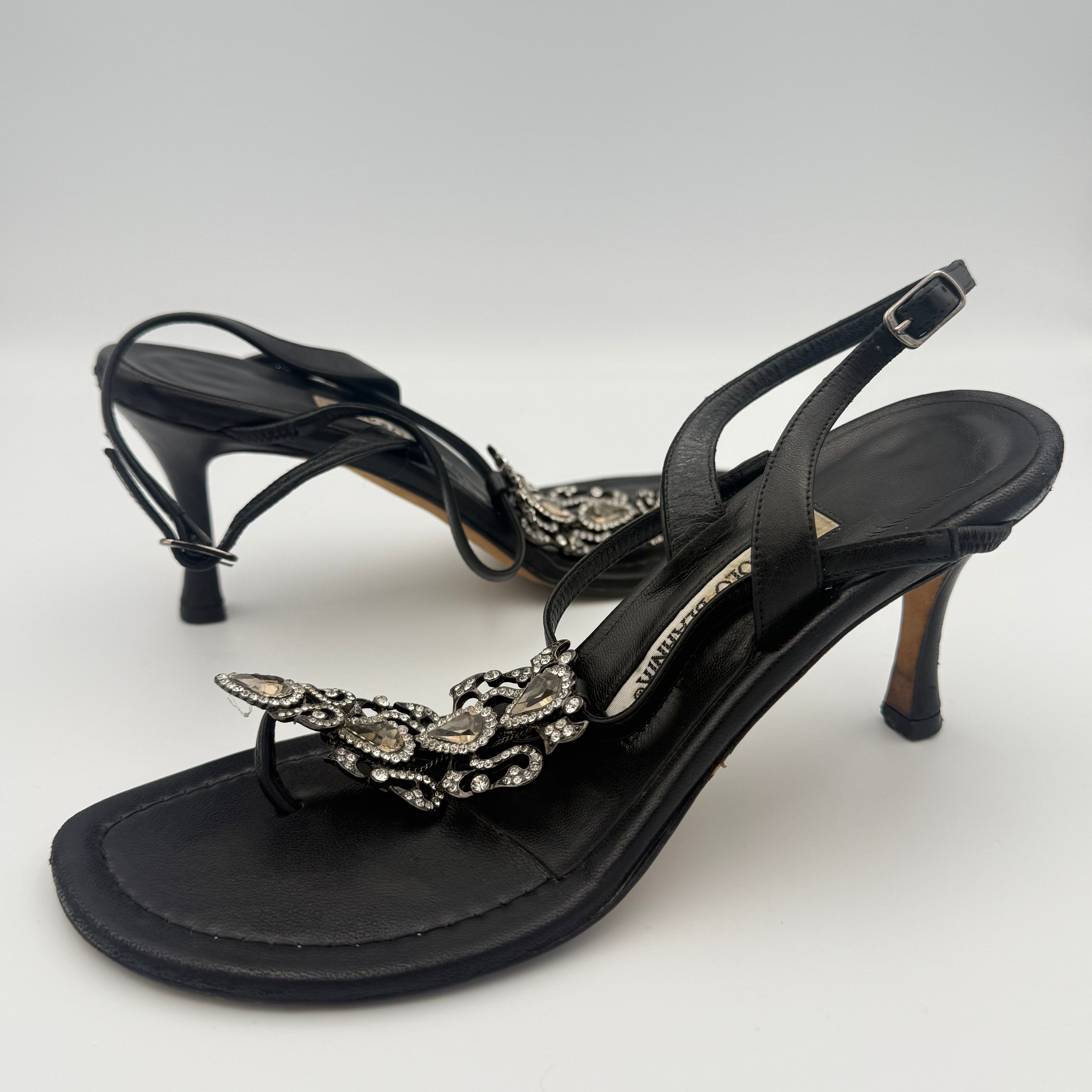 Manolo Blahnik Jewel Strappy Black Leather Sandal