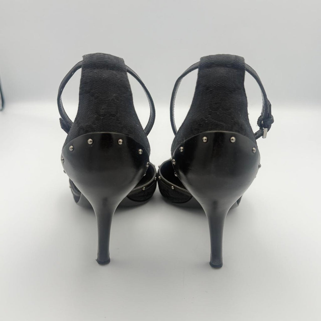 Vintage Gucci Monogram Horse bit Heels with Black Leather Cap Toe and Stud Detail