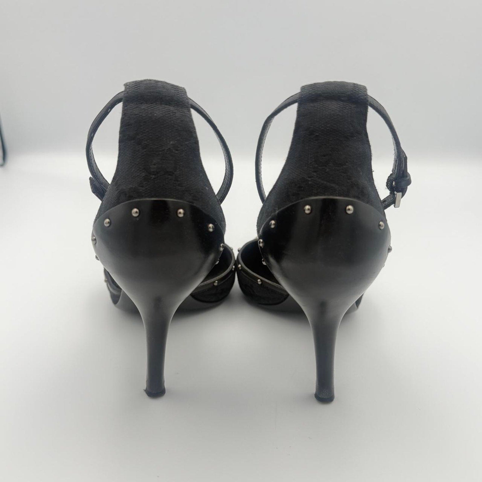 Vintage Gucci Monogram Horse bit Heels with Black Leather Cap Toe and Stud Detail