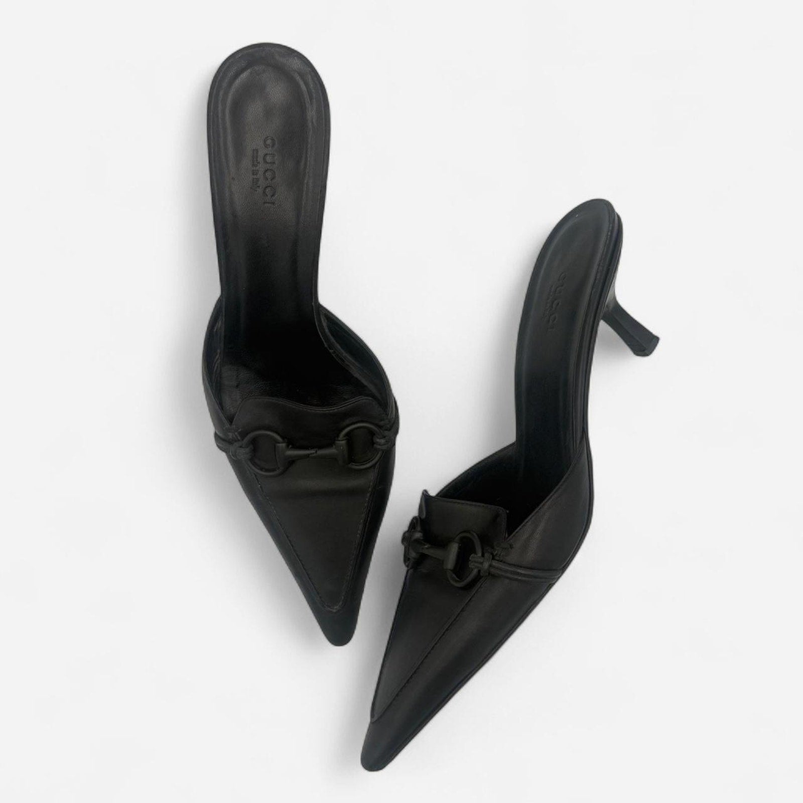 Vintage Gucci Pointed Toe Horse Bit Mules in Black Genuine Leather
