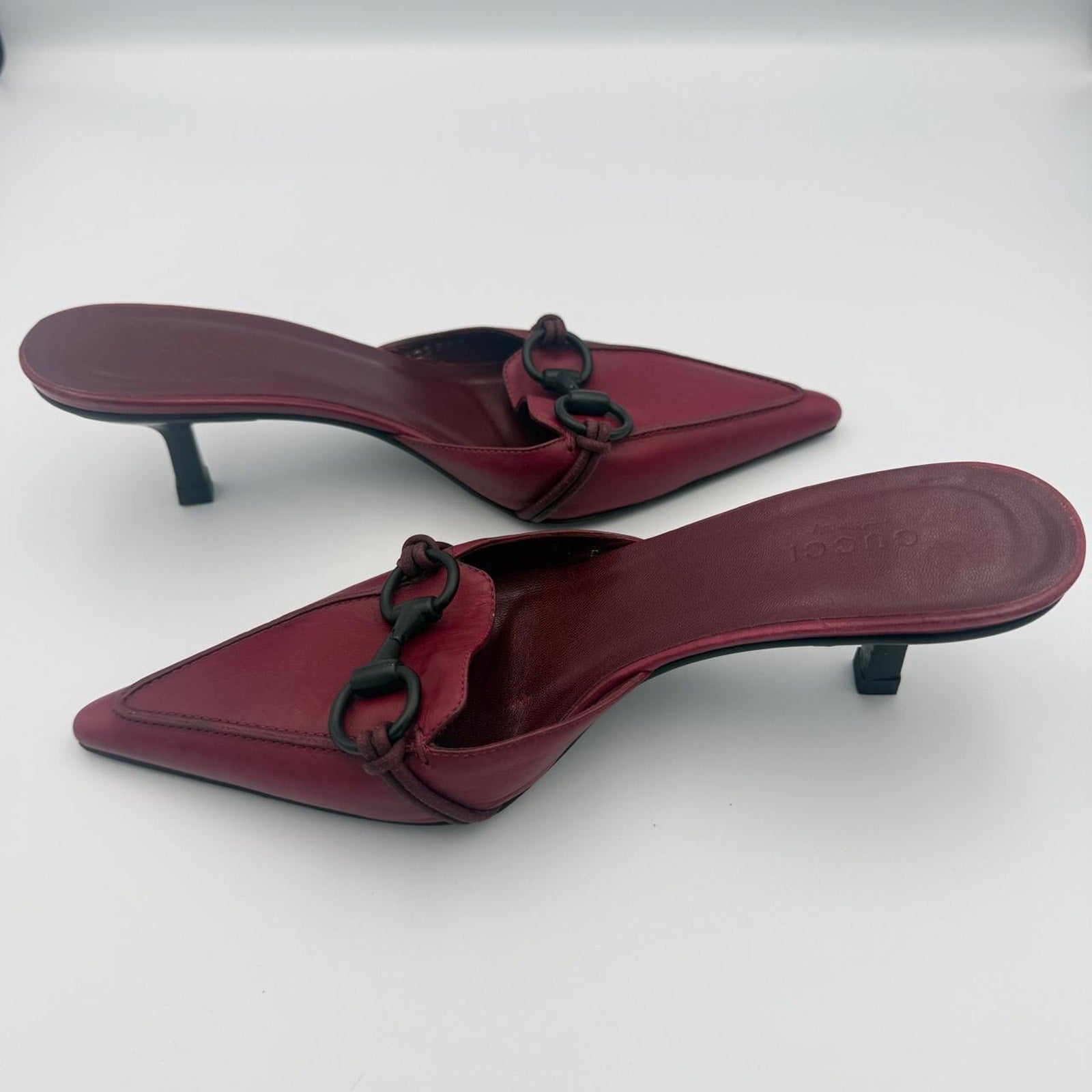 Vintage Gucci Pointed Toe Mules in Burgundy Leather with a Rare Black Horse Bit