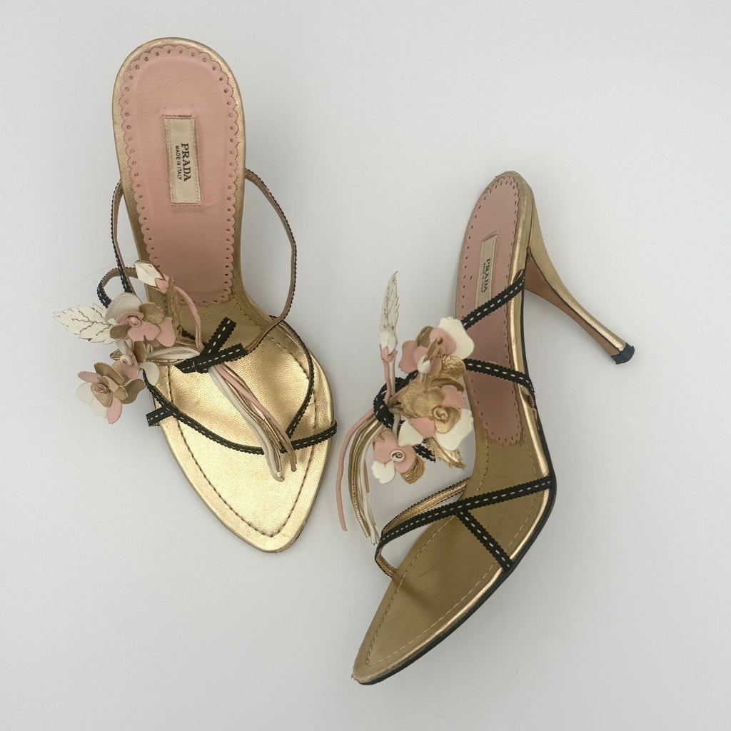 Rare Vintage Prada 2002 Flower Bouquet Gold Heels x Neiman Marcus 95th Anniversary