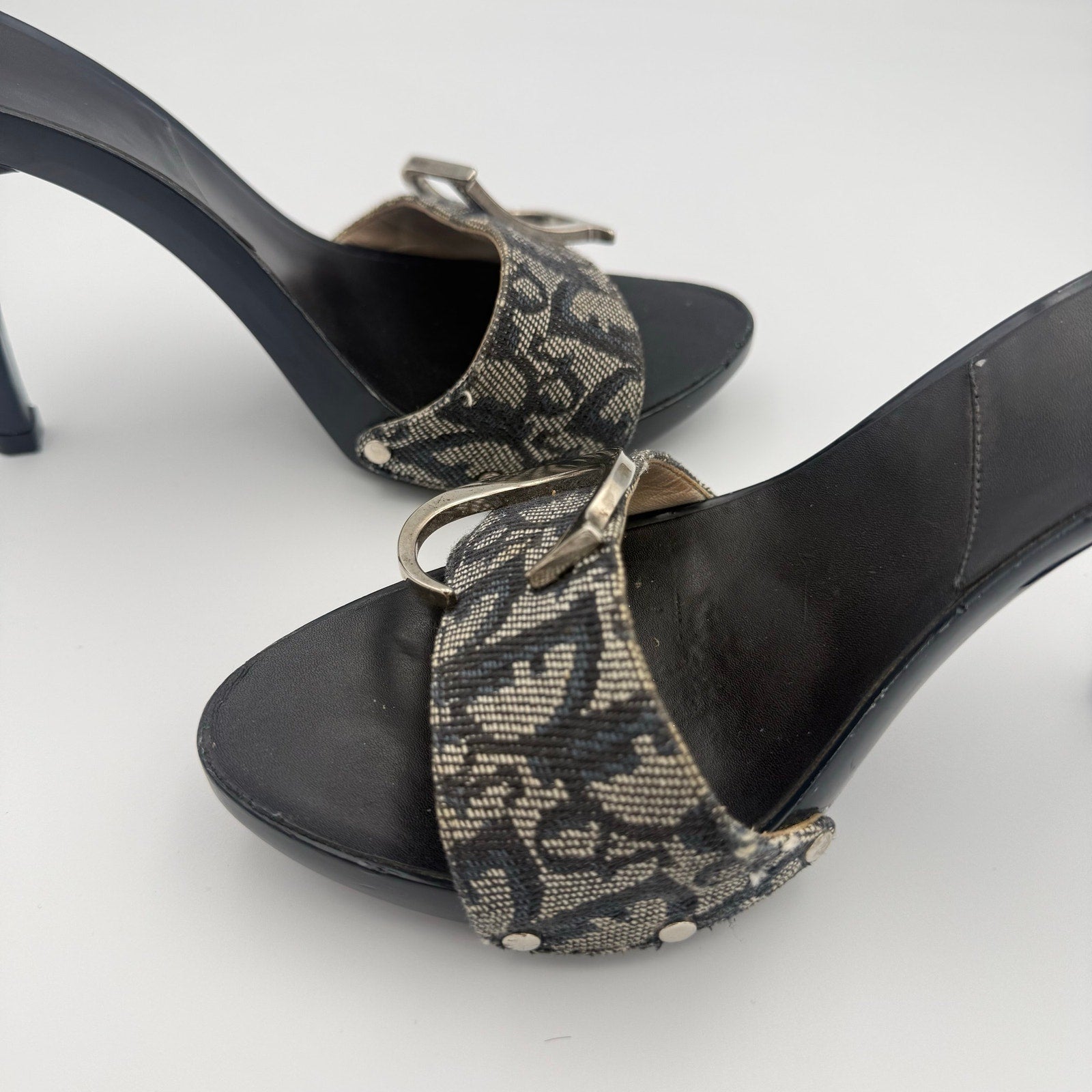 Vintage Dior by John Galliano CD Sandal Mule Heels in Navy Monogram Canvas