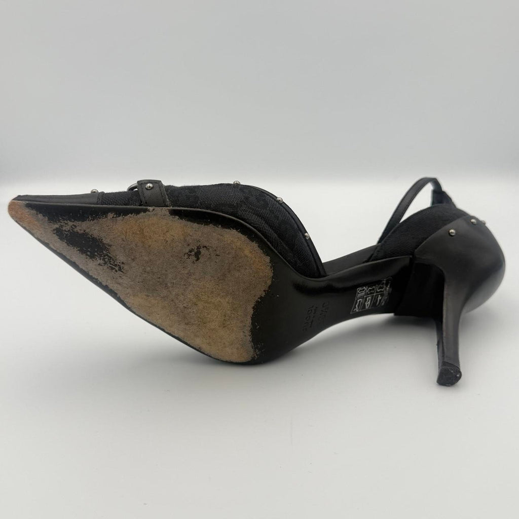 Vintage Gucci Monogram Horse bit Heels with Black Leather Cap Toe and Stud Detail