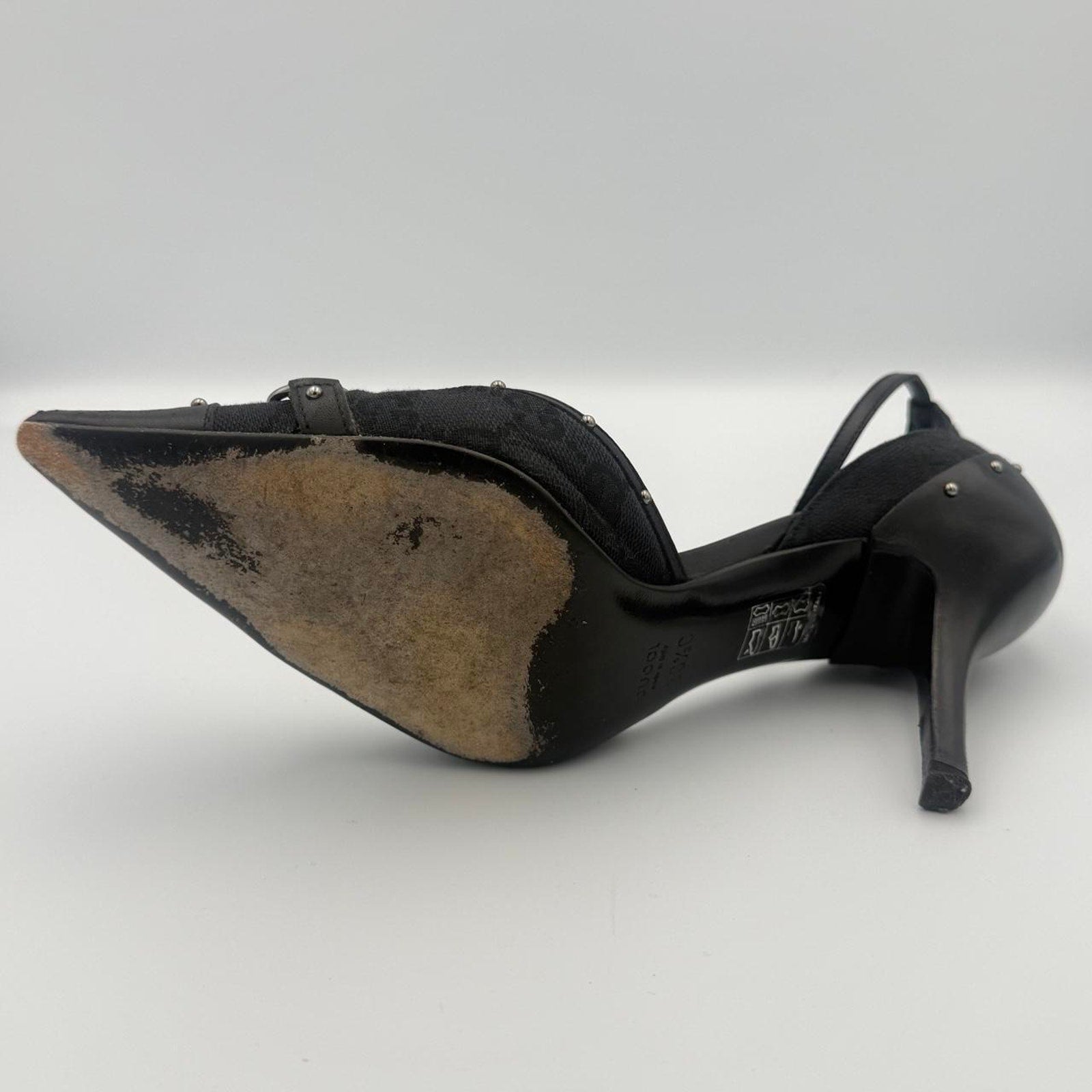 Vintage Gucci Monogram Horse bit Heels with Black Leather Cap Toe and Stud Detail
