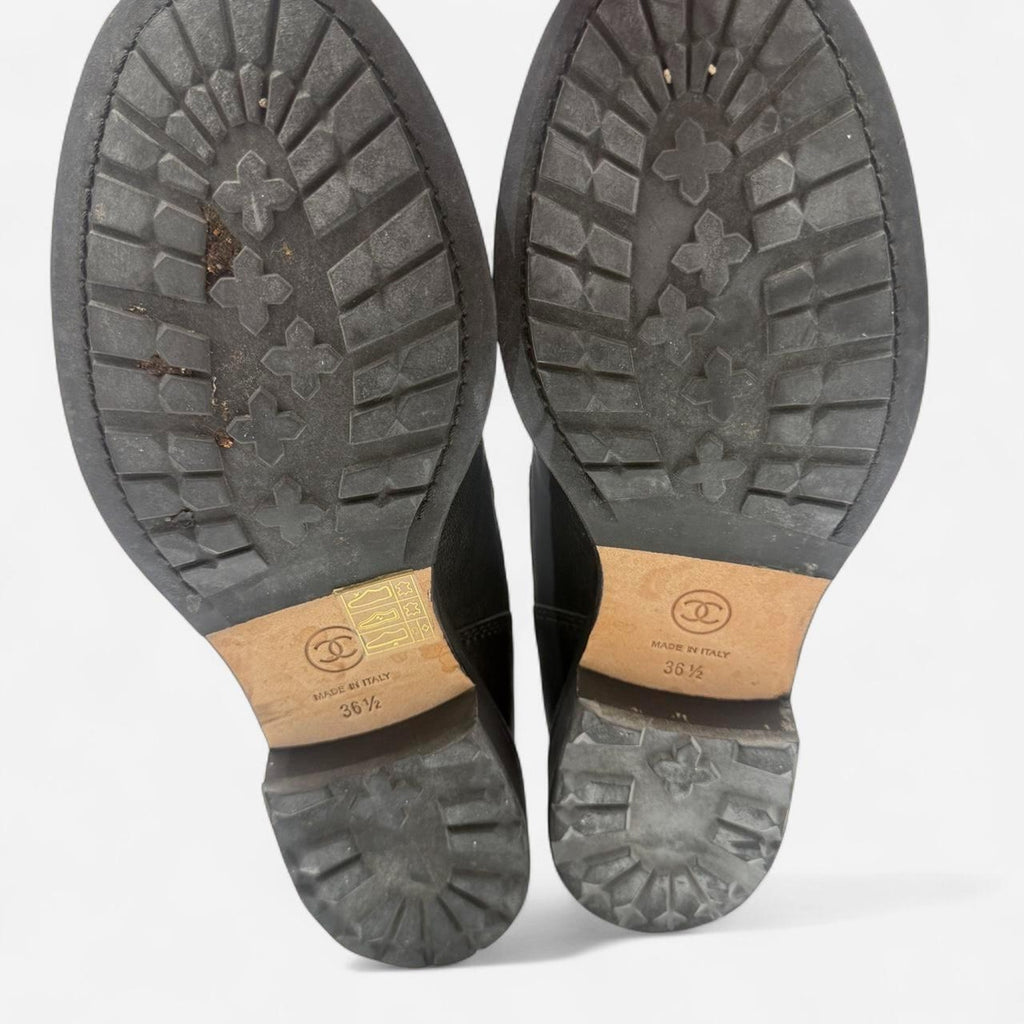 Chanel Quilted Leather CC Combat Boots in Black Lambskin