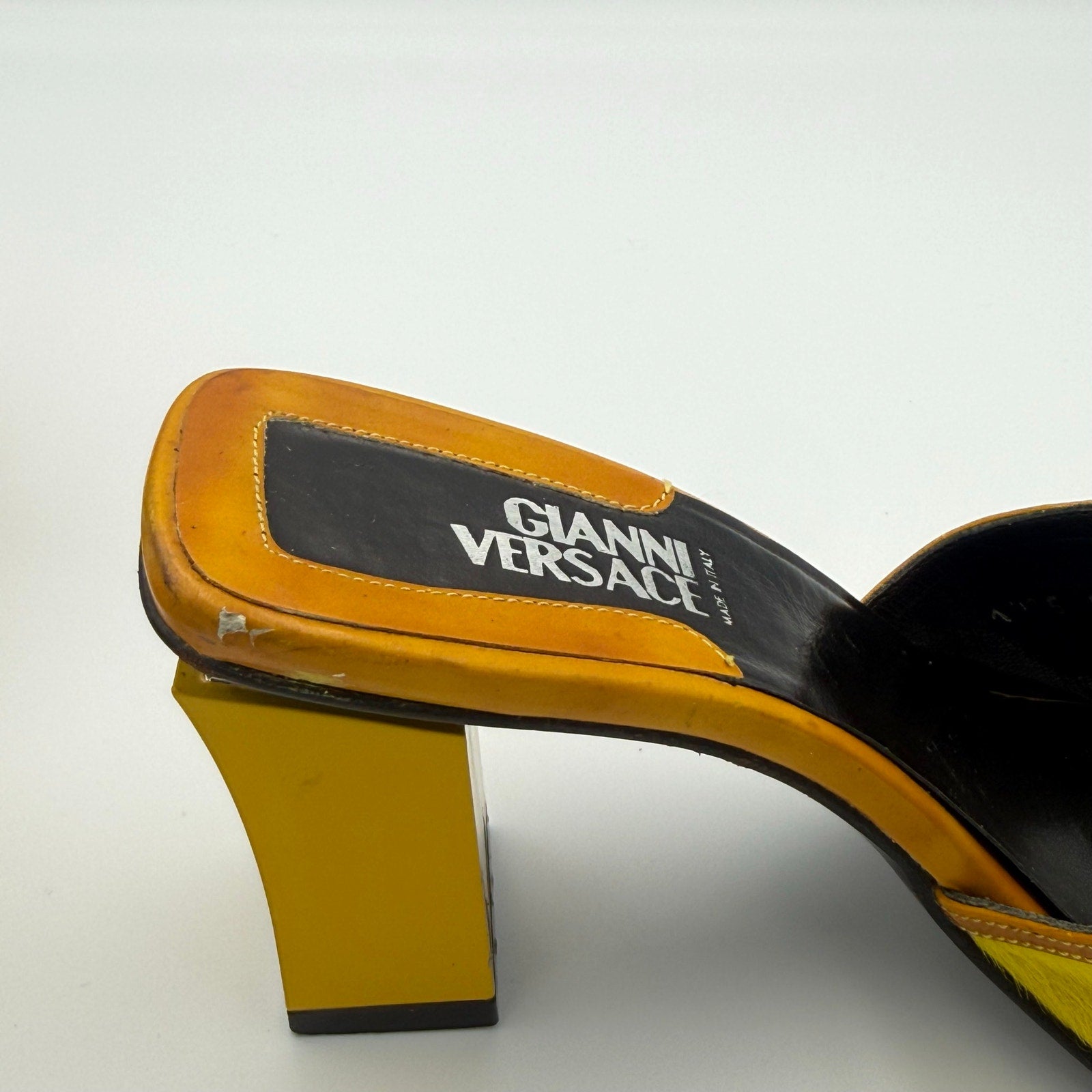 Rare Vintage Gianni Versace Mule Sandals in Yellow Calf Hair and Orange Leather