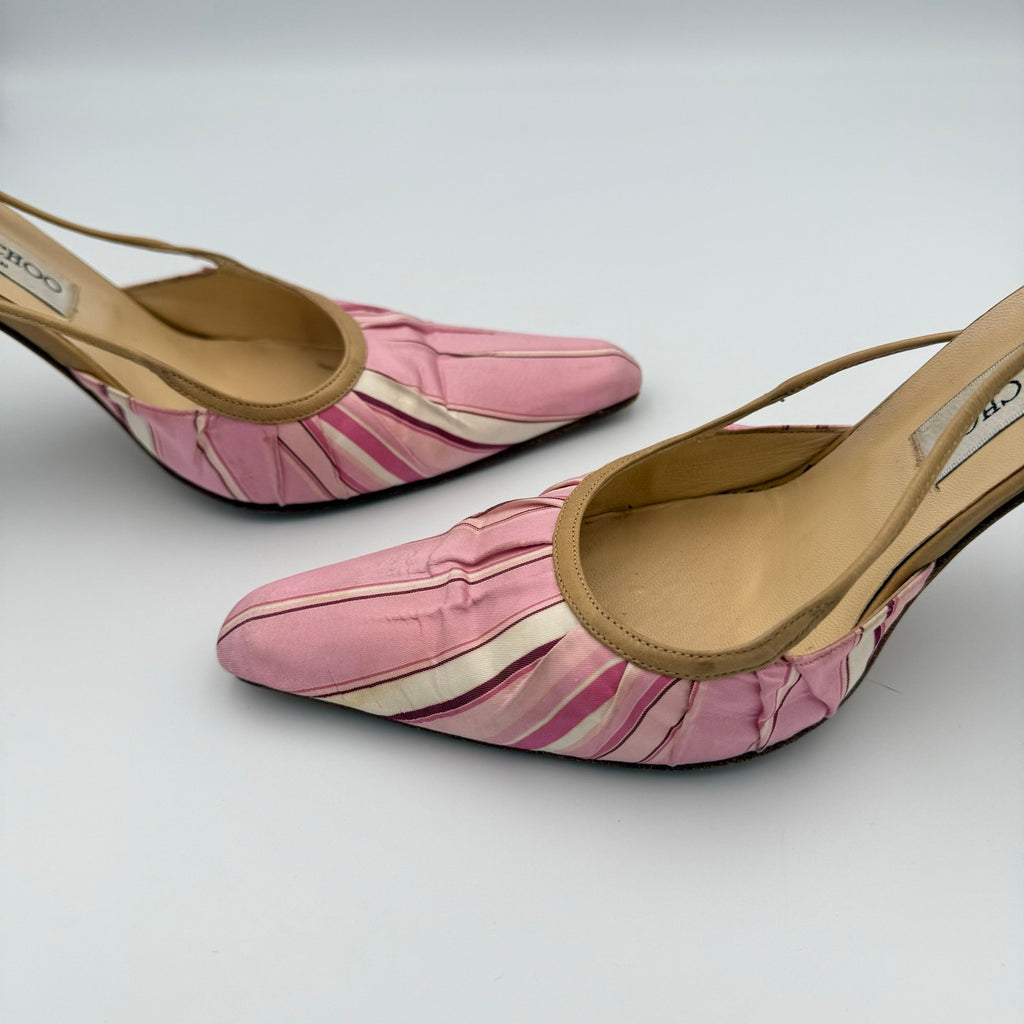 Vintage Jimmy Choo Pointed Toe Slingback Heels in Pink Satin
