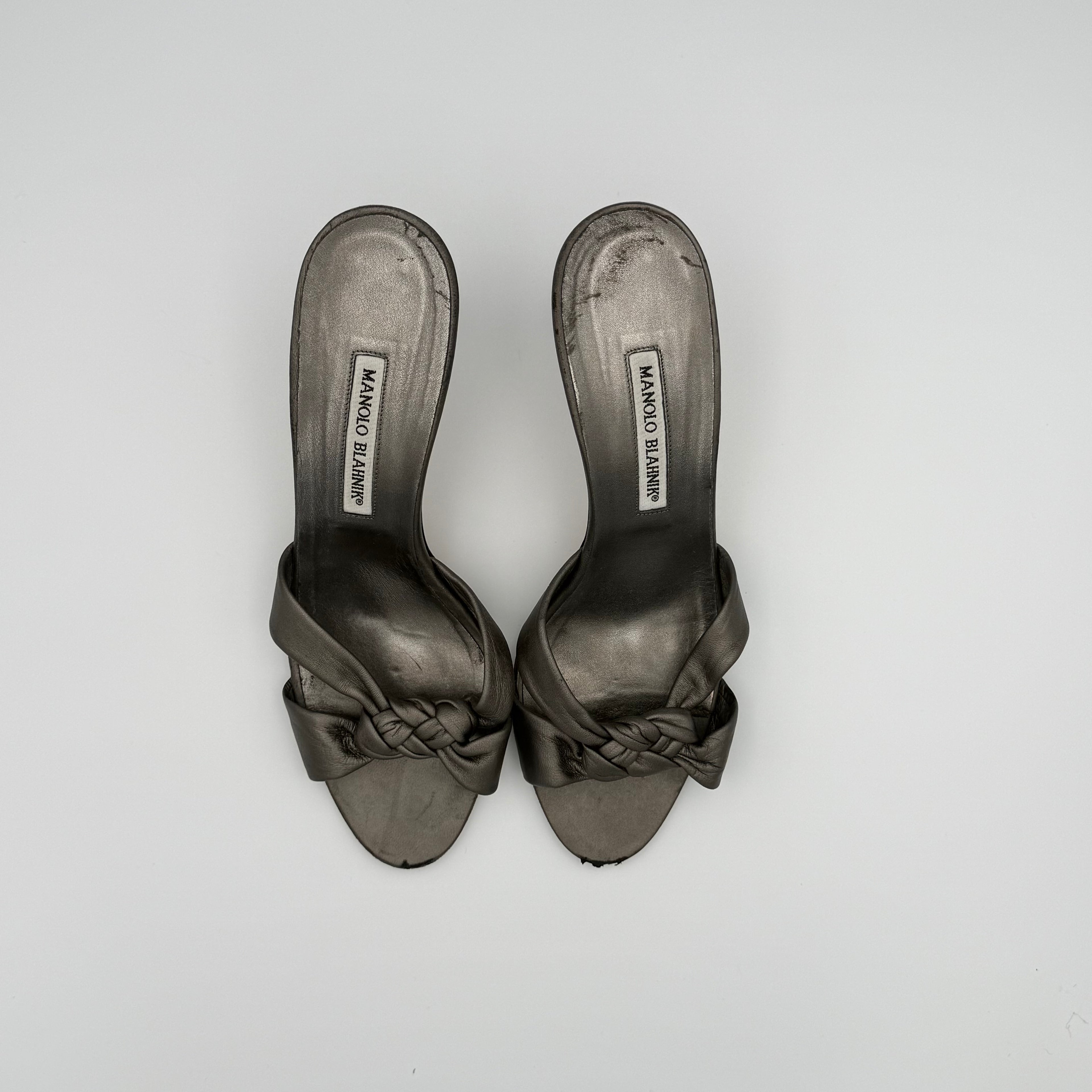 Manolo Blahnik Gunmetal Braided Twist Mule Sandals Size 40