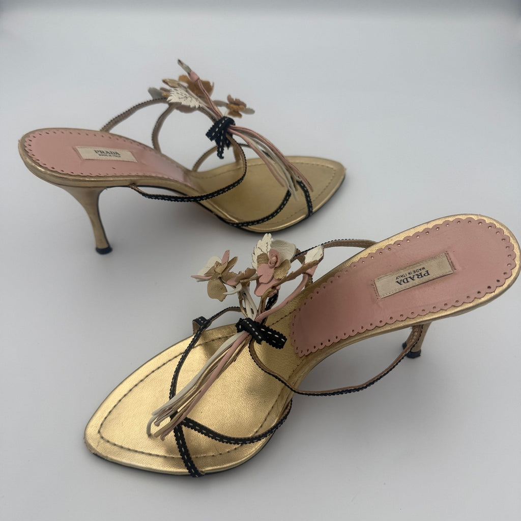 Rare Vintage Prada 2002 Flower Bouquet Gold Heels x Neiman Marcus 95th Anniversary