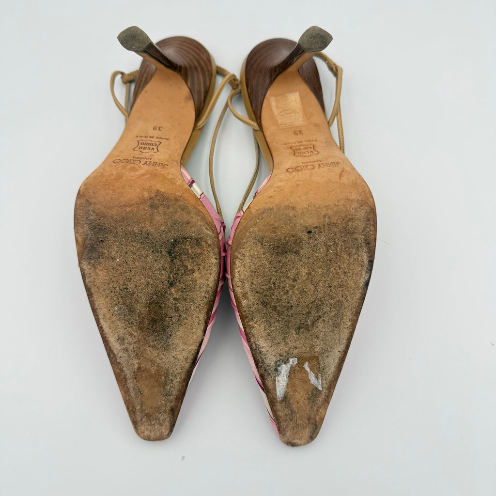 Vintage Jimmy Choo Pointed Toe Slingback Heels in Pink Satin