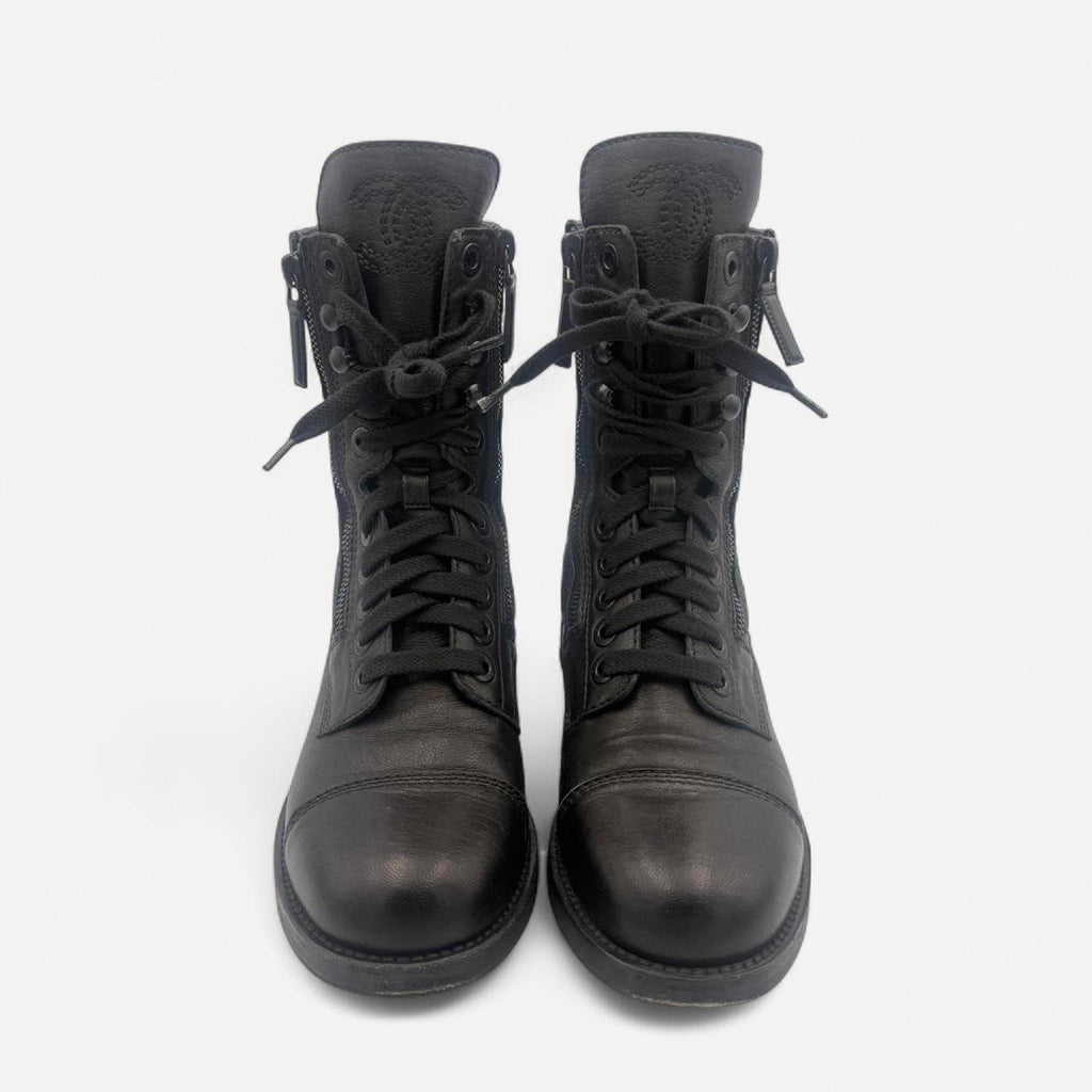 Chanel Quilted Leather CC Combat Boots in Black Lambskin