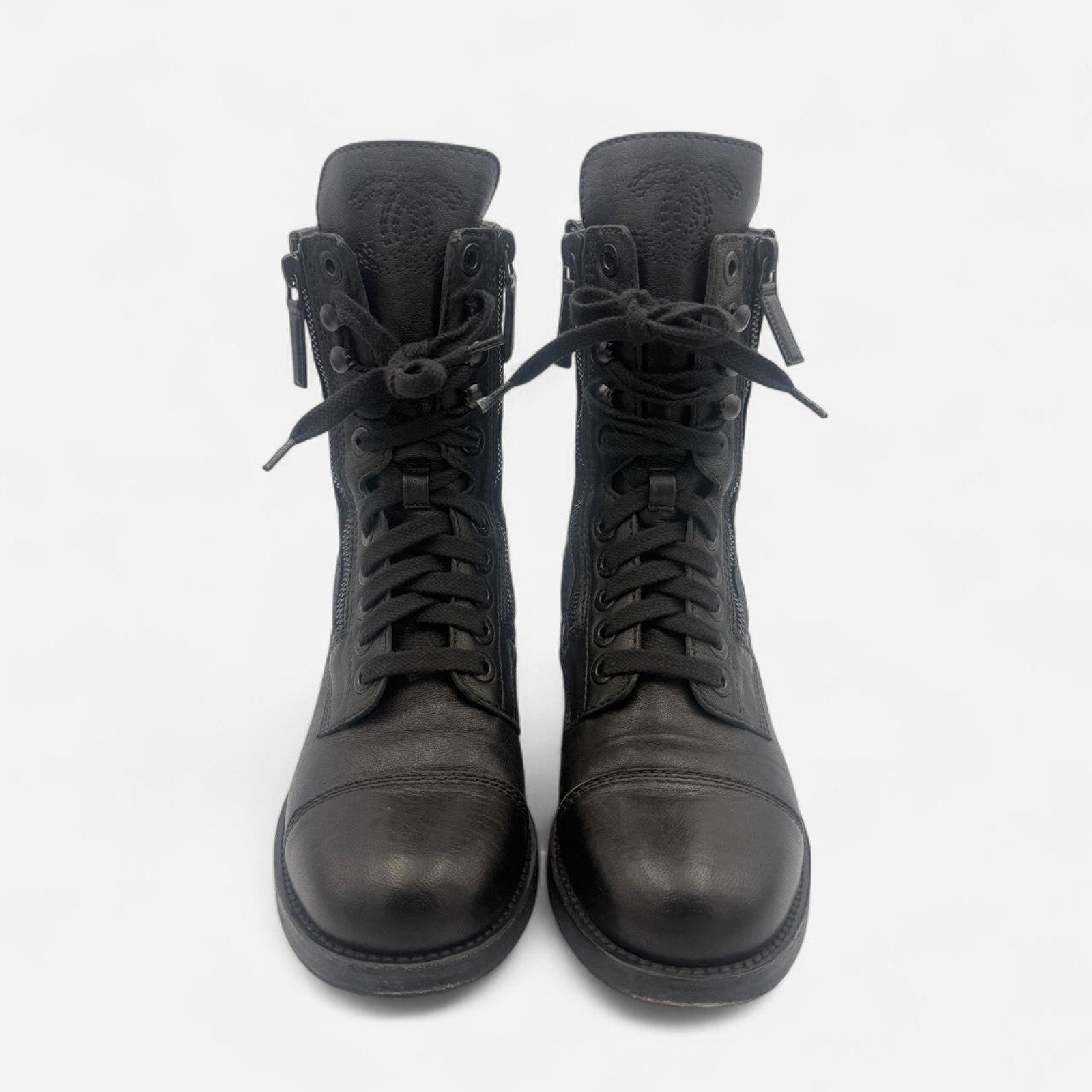 Chanel Quilted Leather CC Combat Boots in Black Lambskin
