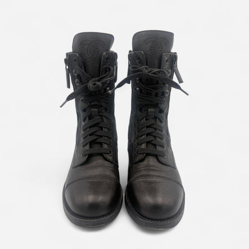 Chanel Quilted Leather CC Combat Boots in Black Lambskin