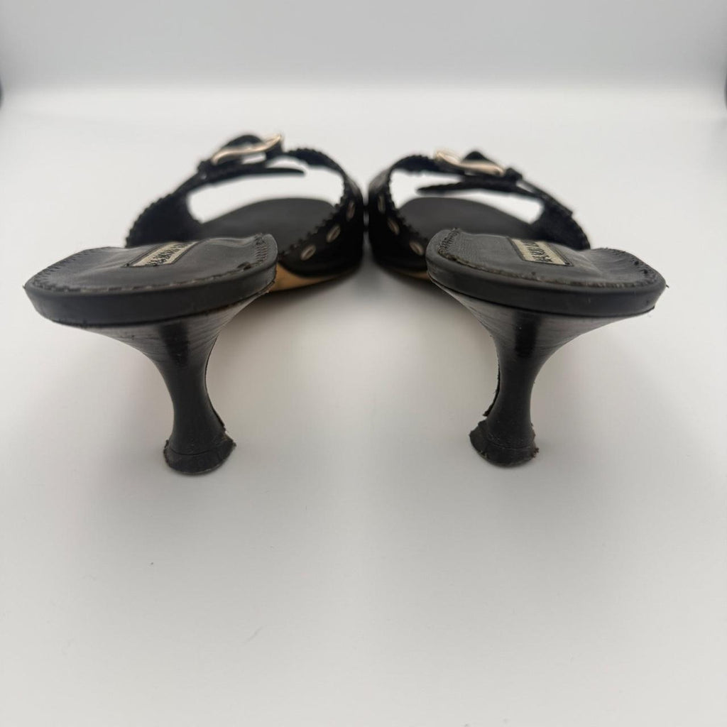 Vintage Manolo Blahnik Black Leather Kitten Heel Mules with Silver Grommets