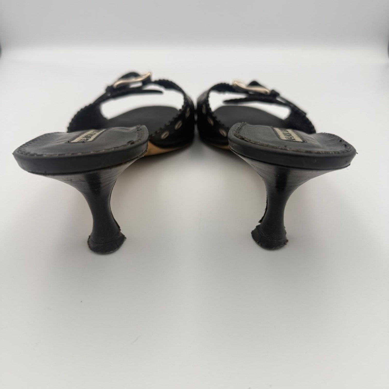 Vintage Manolo Blahnik Black Leather Kitten Heel Mules with Silver Grommets