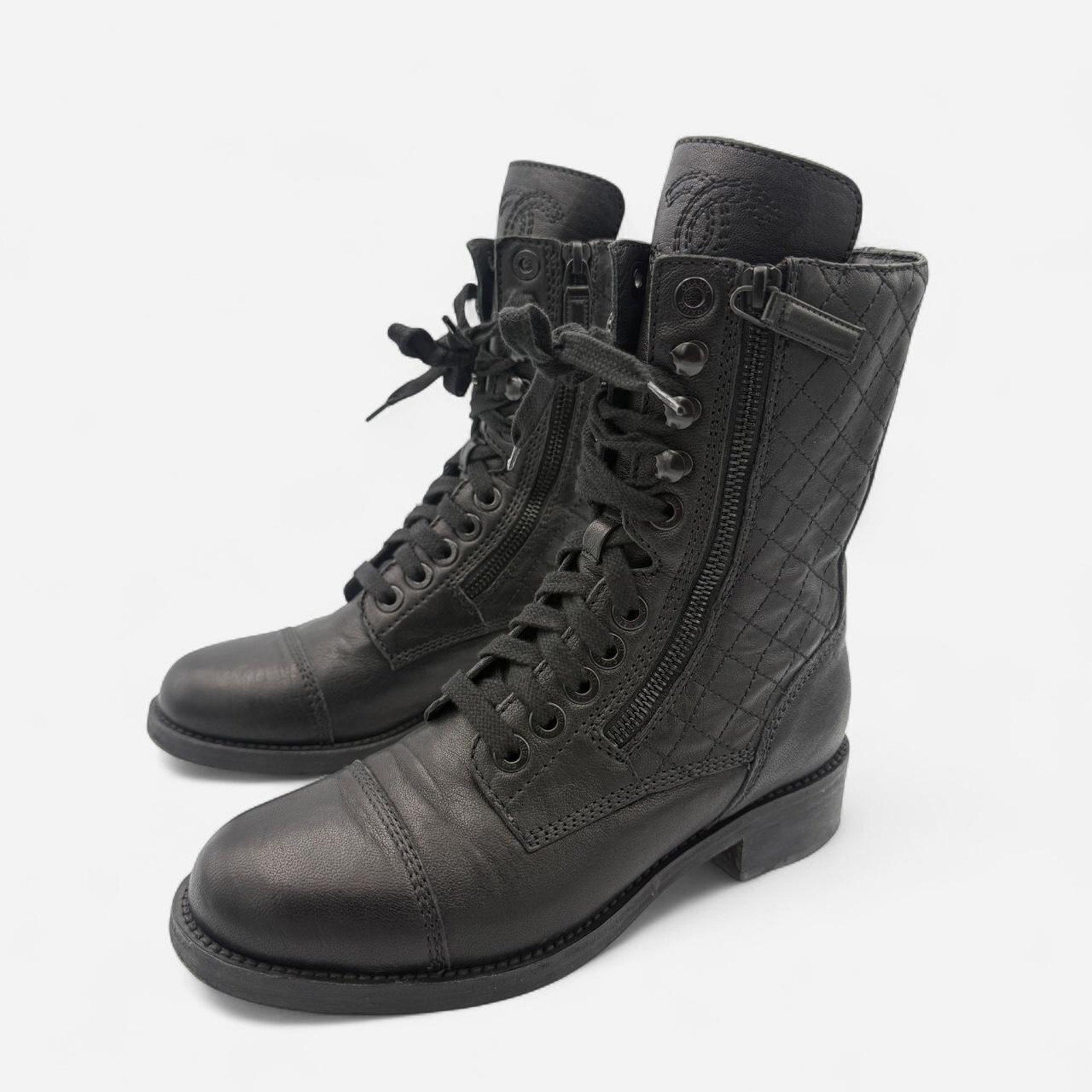 Chanel Quilted Leather CC Combat Boots in Black Lambskin