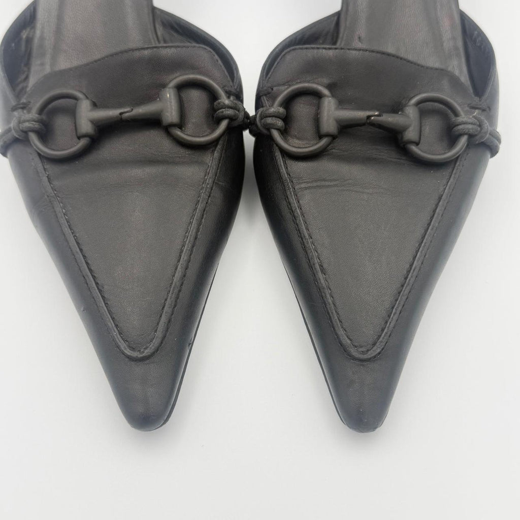 Vintage Gucci Pointed Toe Horse Bit Mules in Black Genuine Leather