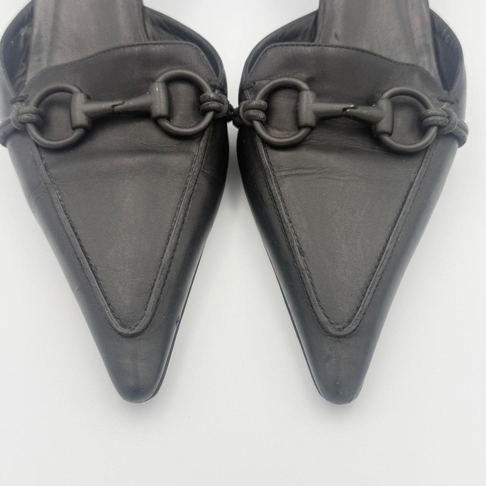 Vintage Gucci Pointed Toe Horse Bit Mules in Black Genuine Leather
