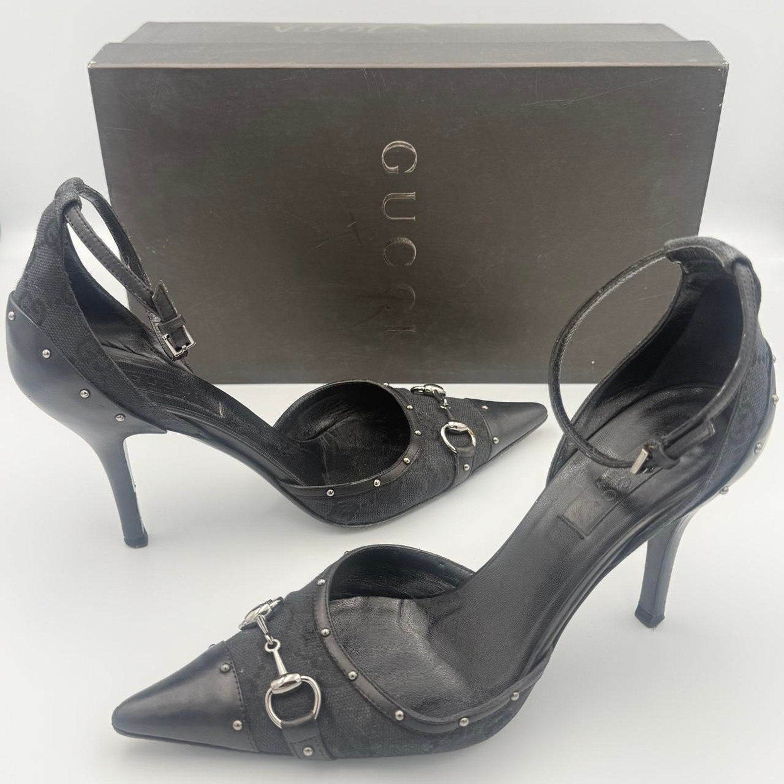 Vintage Gucci Monogram Horse bit Heels with Black Leather Cap Toe and Stud Detail
