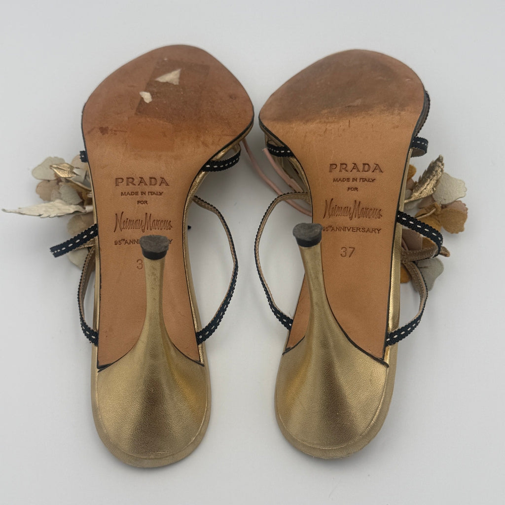 Rare Vintage Prada 2002 Flower Bouquet Gold Heels x Neiman Marcus 95th Anniversary