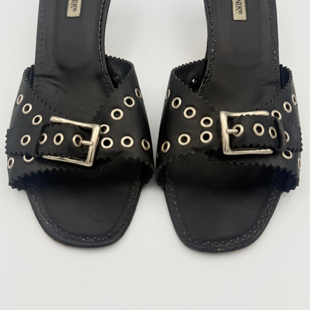 Vintage Manolo Blahnik Black Leather Kitten Heel Mules with Silver Grommets