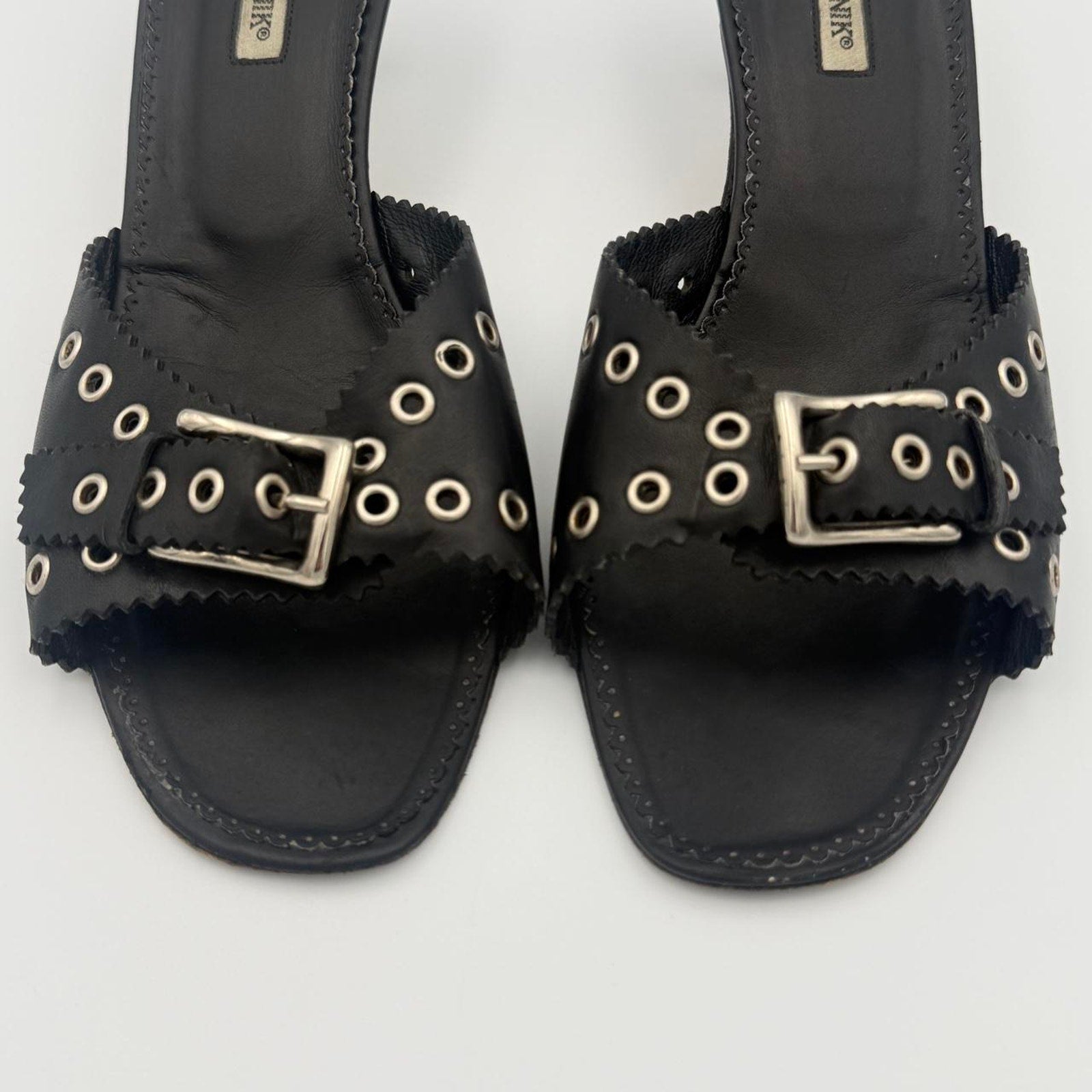Vintage Manolo Blahnik Black Leather Kitten Heel Mules with Silver Grommets