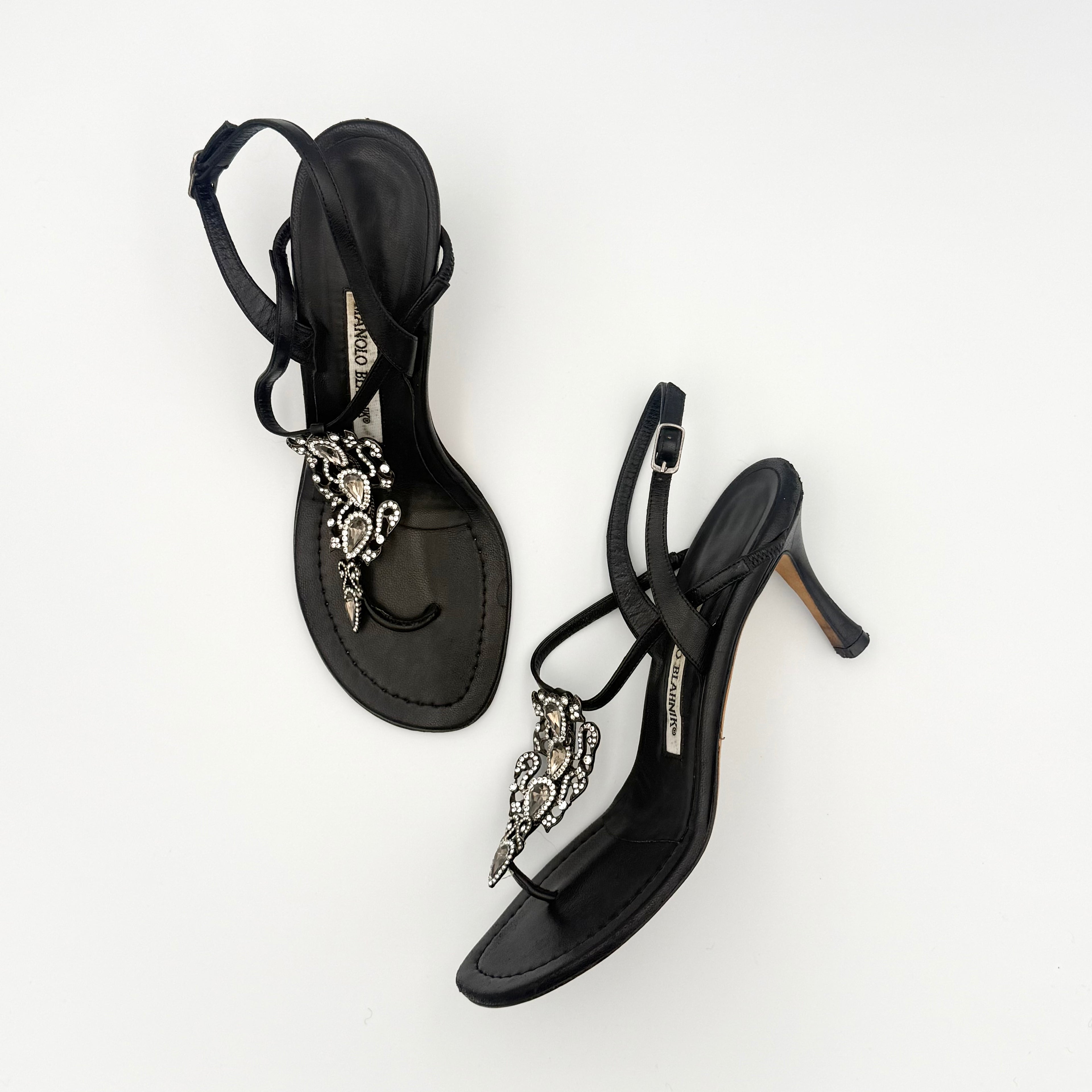 Manolo Blahnik Jewel Strappy Black Leather Sandal