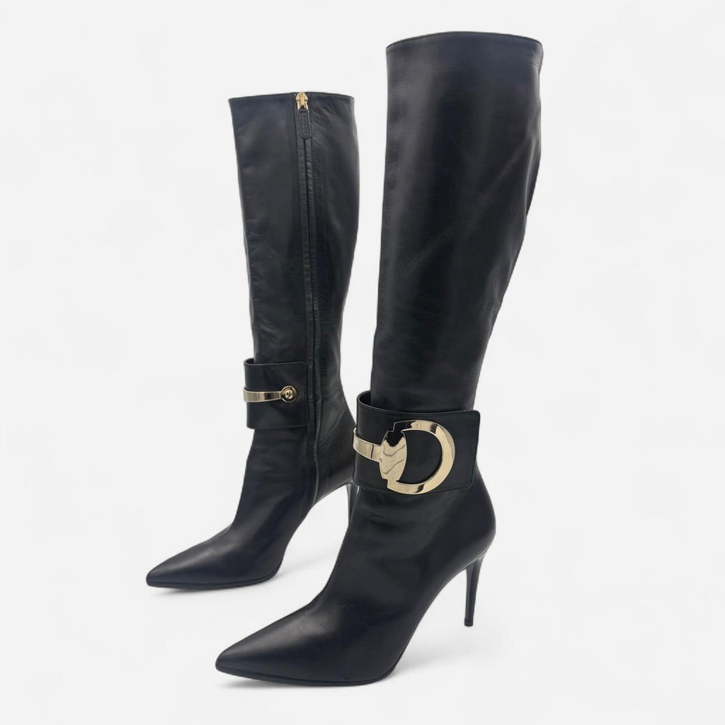 Vintage Gucci Black Leather Knee-high Boots with Horse Bit Detail