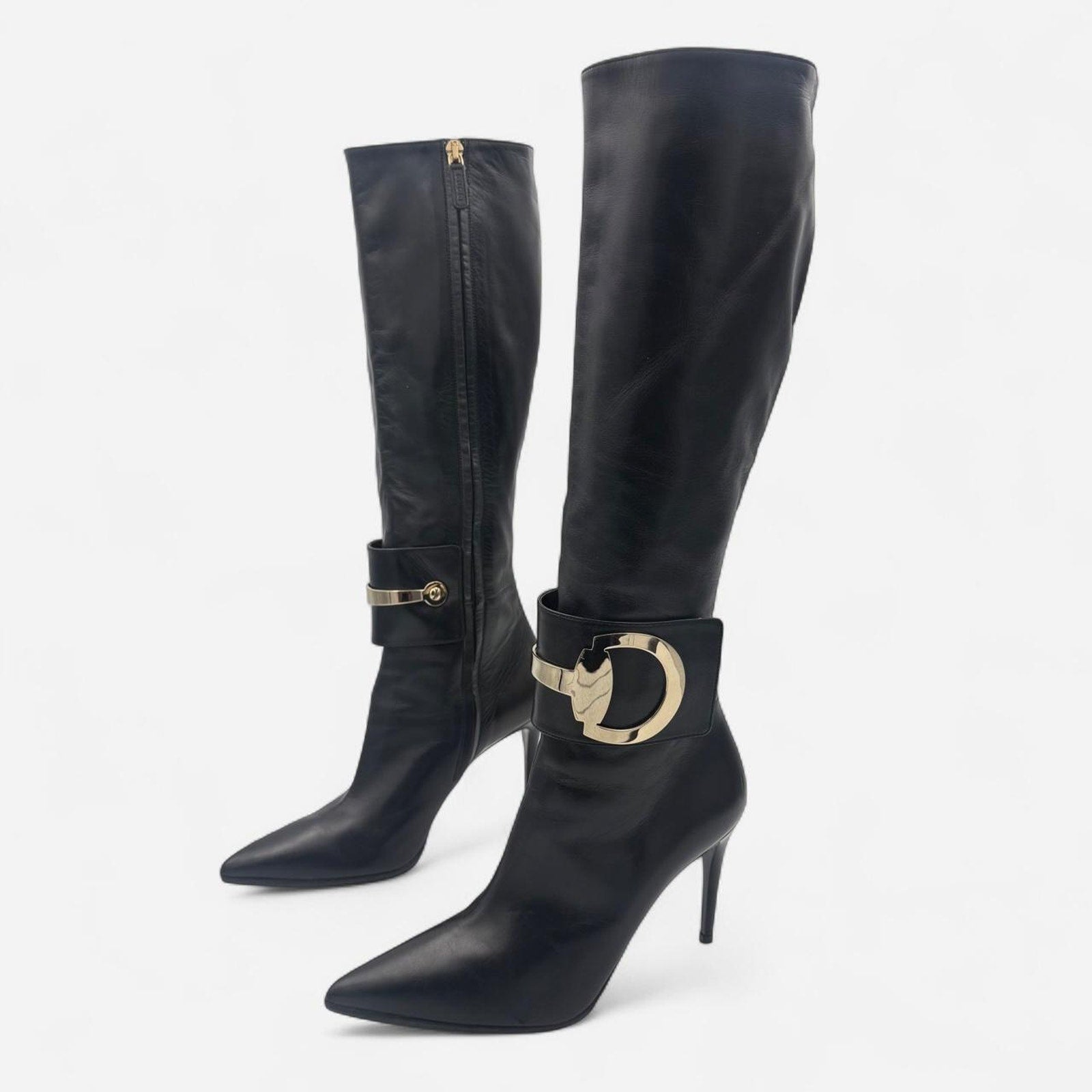 Vintage Gucci Black Leather Knee-high Boots with Horse Bit Detail