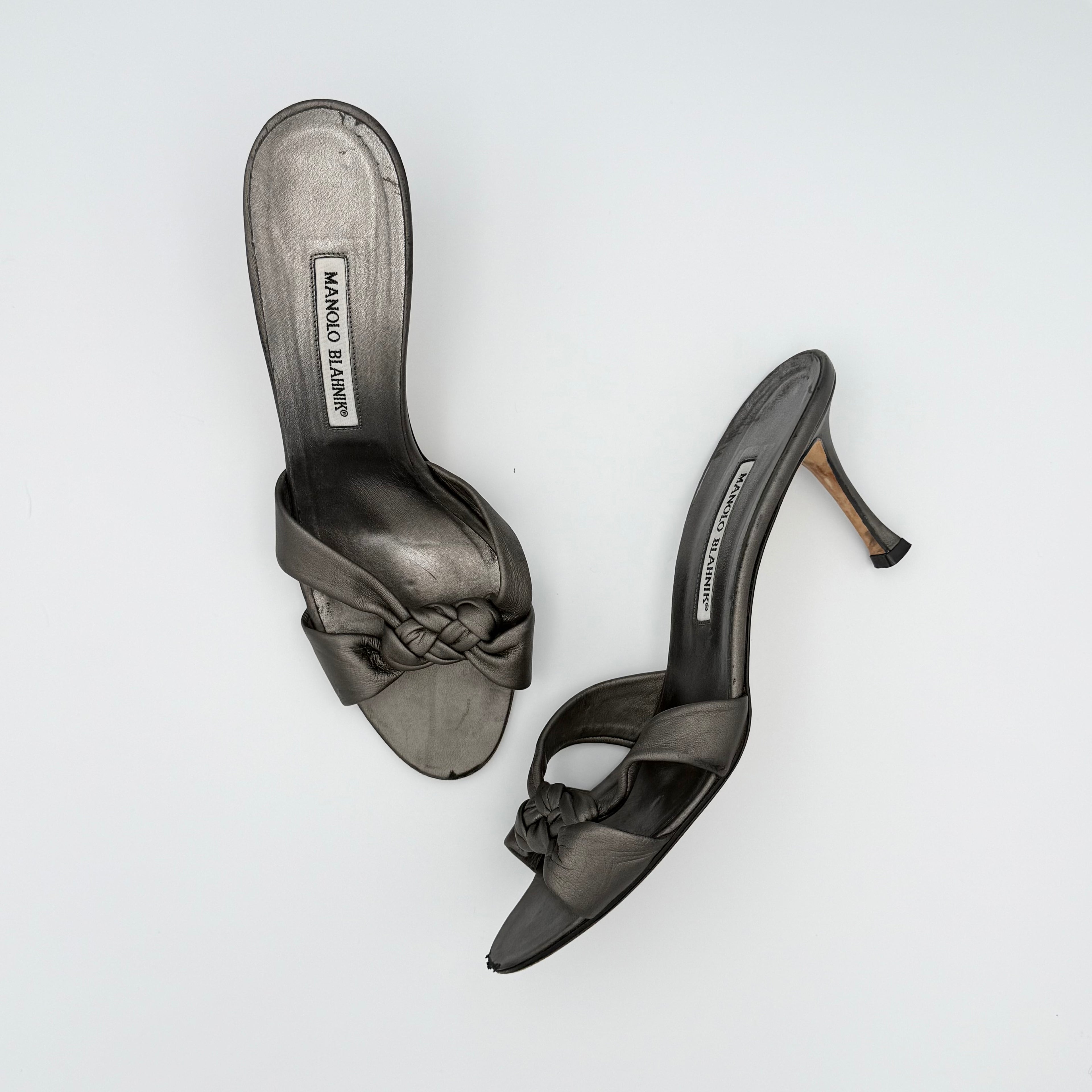 Manolo Blahnik Gunmetal Braided Twist Mule Sandals Size 40