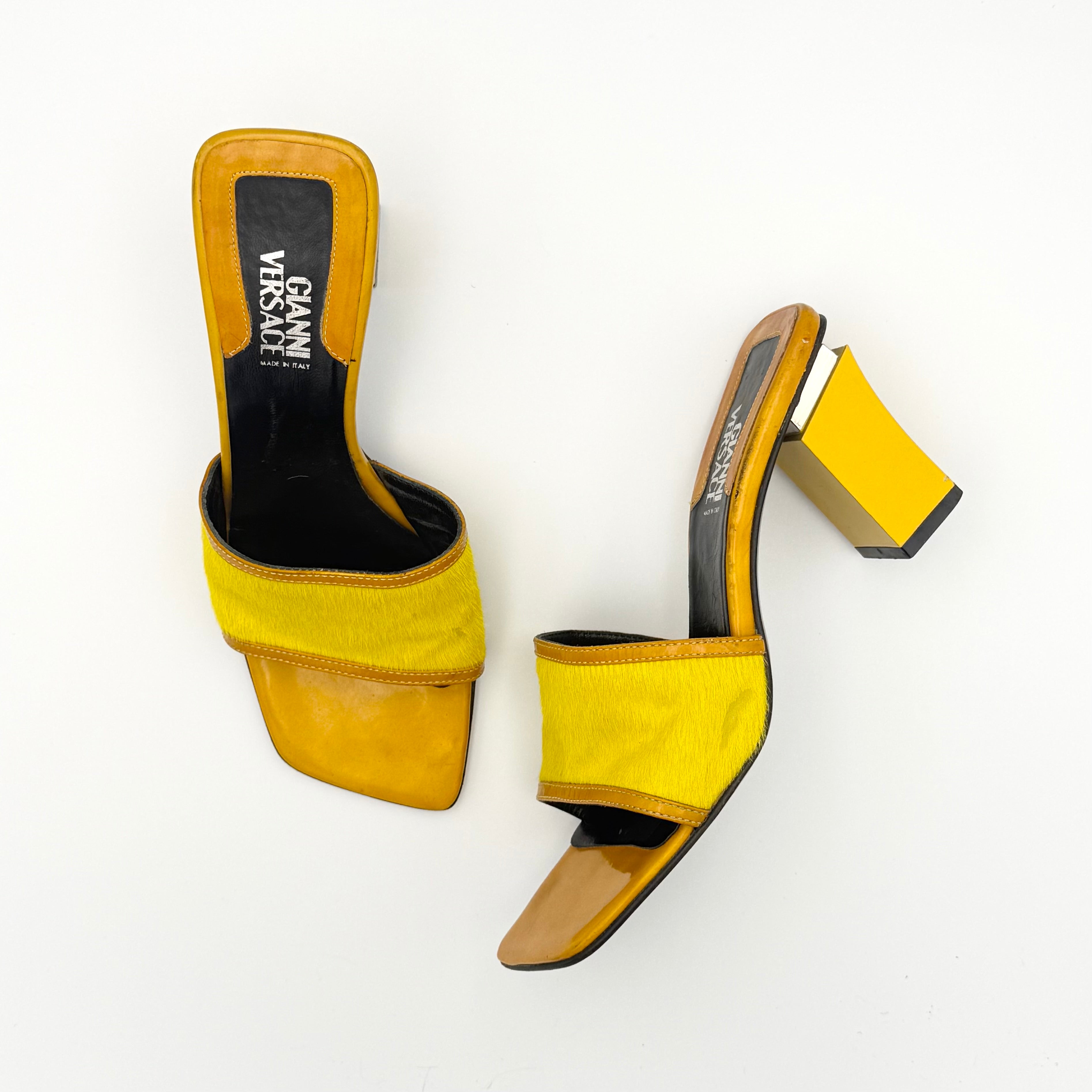 Rare Vintage Gianni Versace Mule Sandals in Yellow Calf Hair and Orange Leather