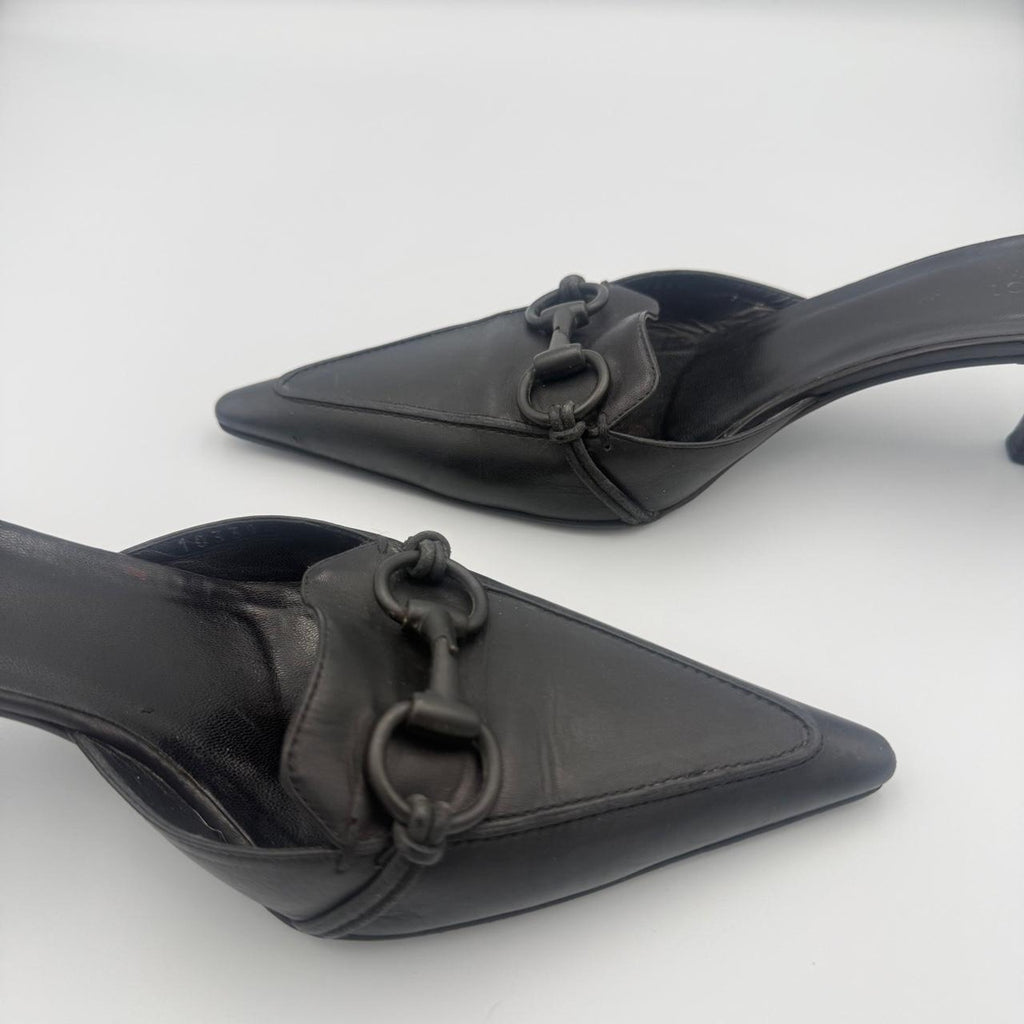 Vintage Gucci Pointed Toe Horse Bit Mules in Black Genuine Leather