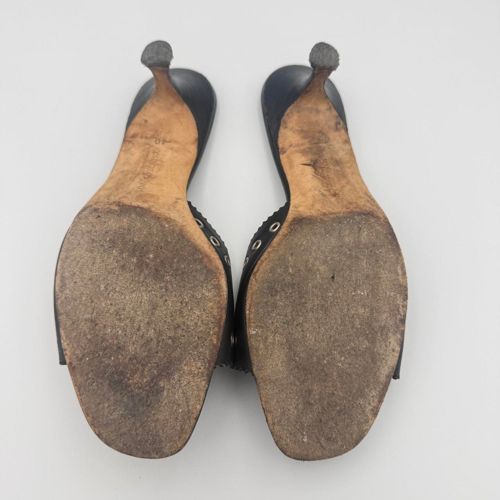 Vintage Manolo Blahnik Black Leather Kitten Heel Mules with Silver Grommets