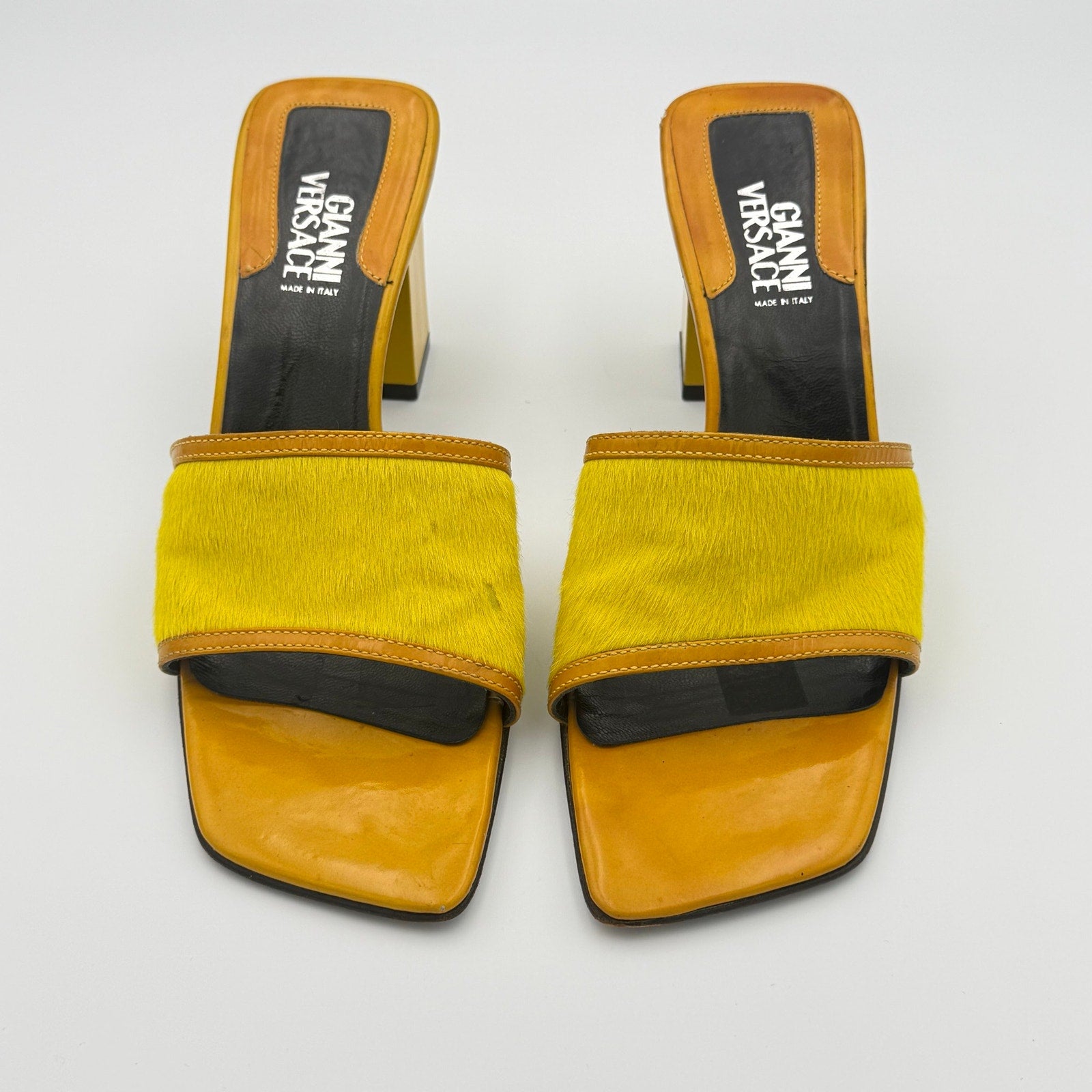 Rare Vintage Gianni Versace Mule Sandals in Yellow Calf Hair and Orange Leather