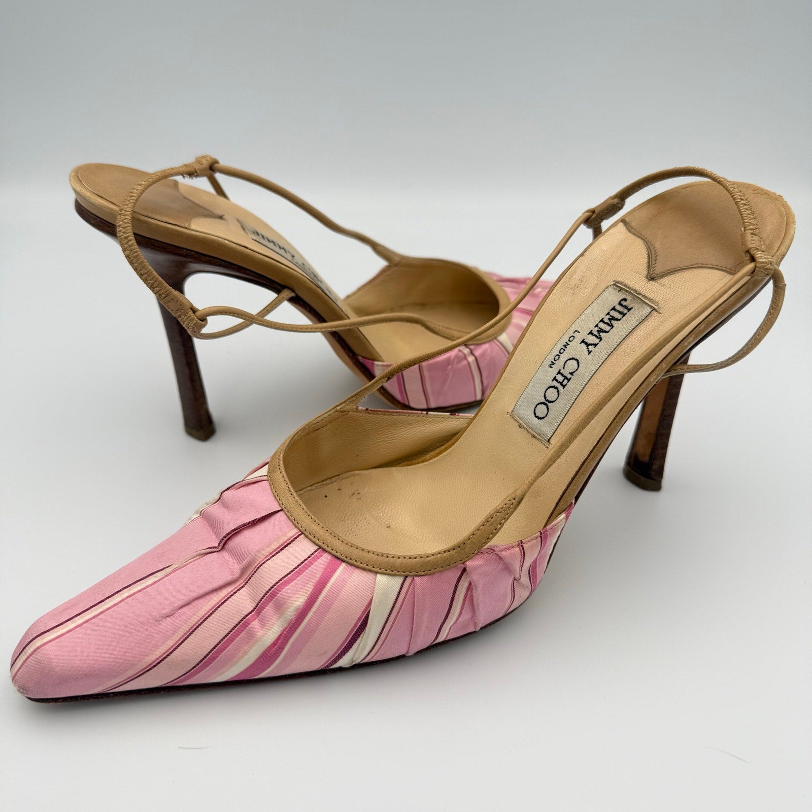 Vintage Jimmy Choo Pointed Toe Slingback Heels in Pink Satin