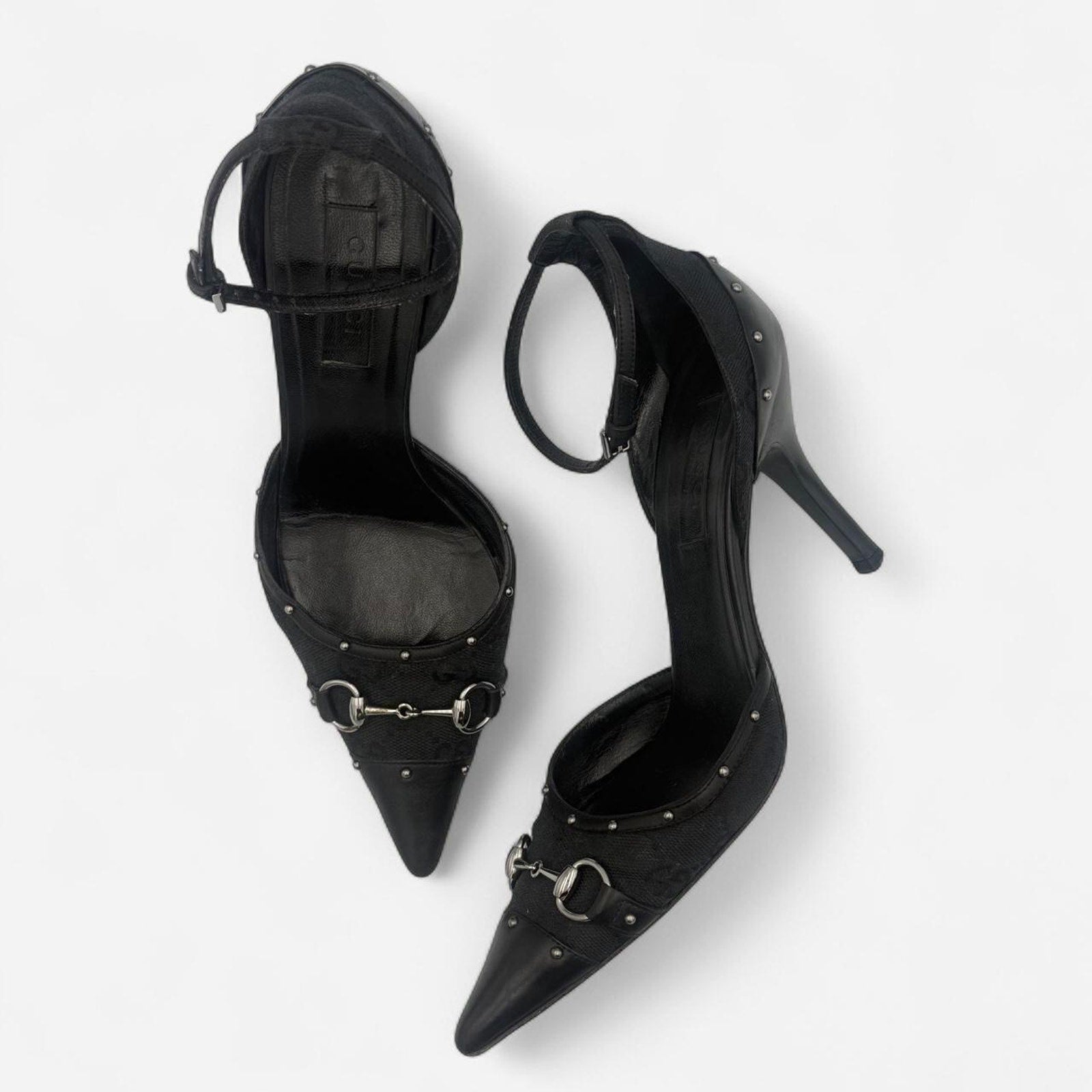 Vintage Gucci Monogram Horse bit Heels with Black Leather Cap Toe and Stud Detail