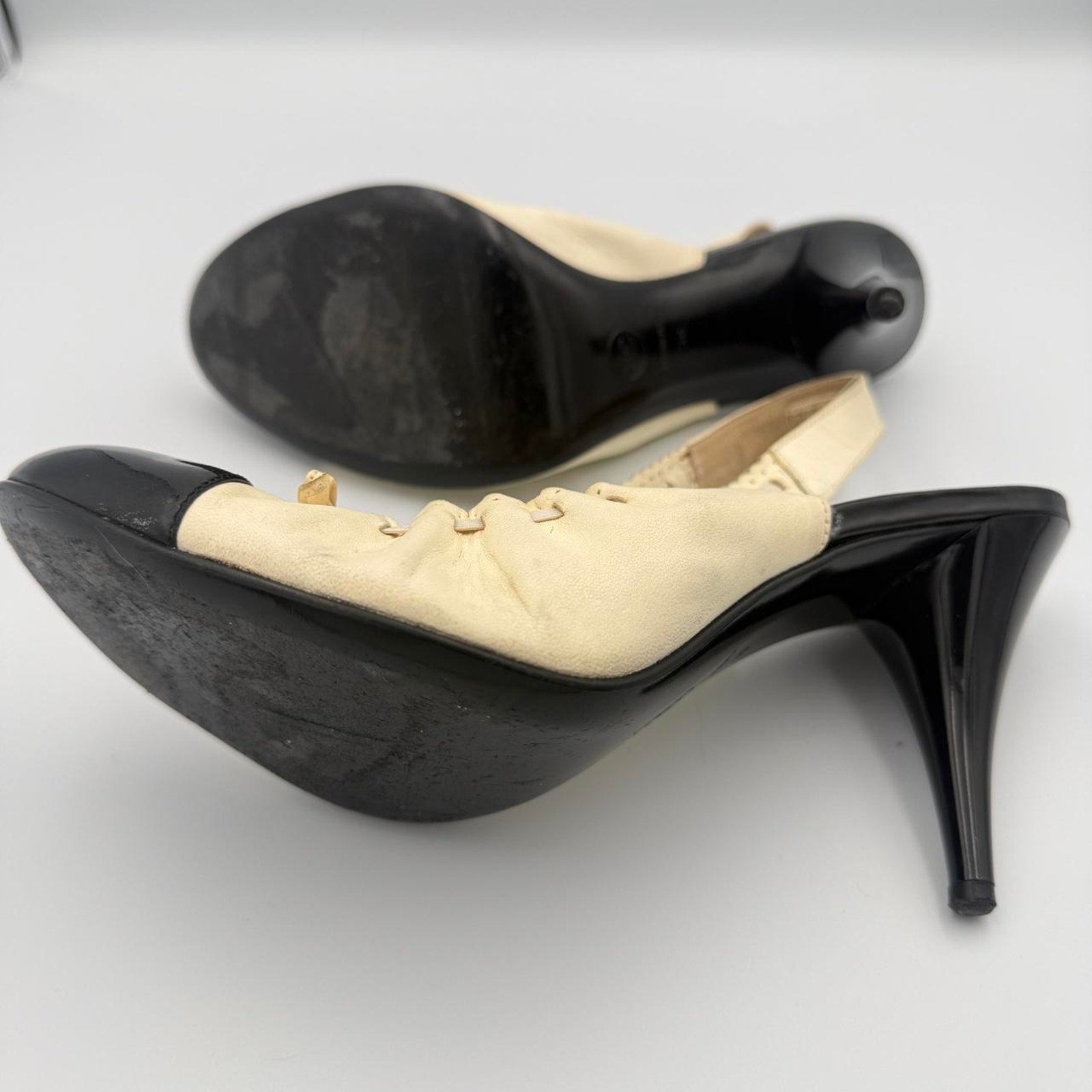 Vintage Chanel Ballet Flat Slingback Heels with Cap Toe in Cream & Black Leather and Interlocking CC Logo Bow