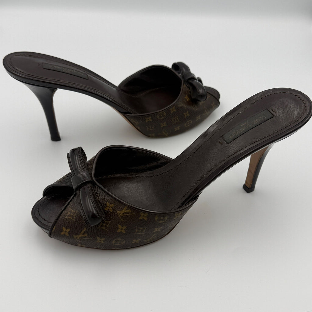 Vintage Louis Vuitton Monogram Canvas Malibu Slide Mule Heels with Bow Detail