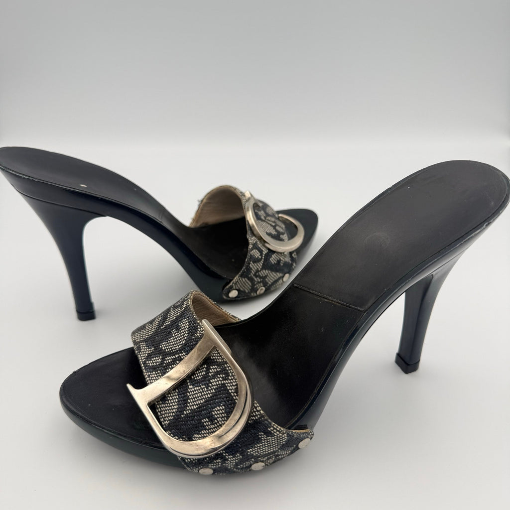Vintage Dior by John Galliano CD Sandal Mule Heels in Navy Monogram Canvas
