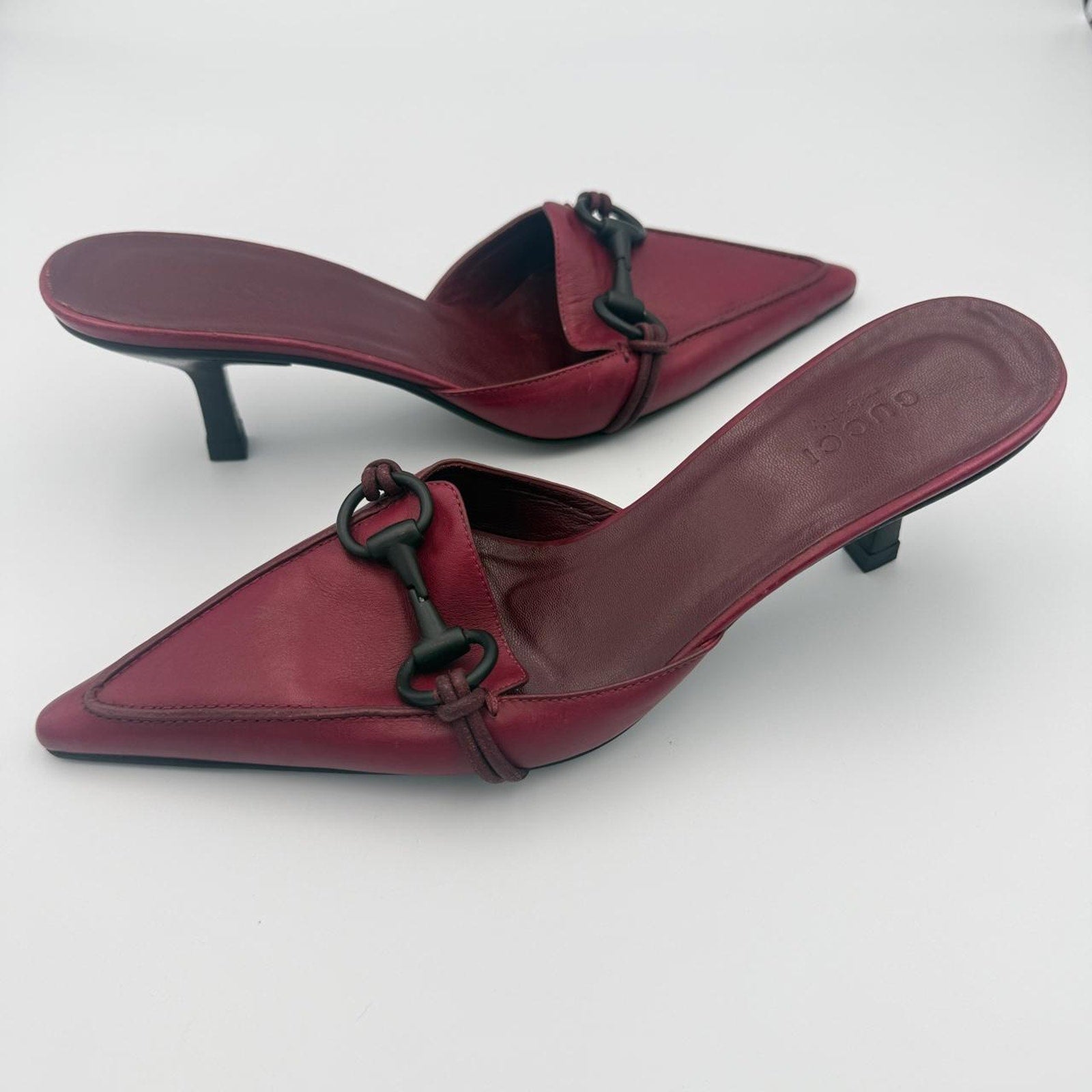 Vintage Gucci Pointed Toe Mules in Burgundy Leather with a Rare Black Horse Bit