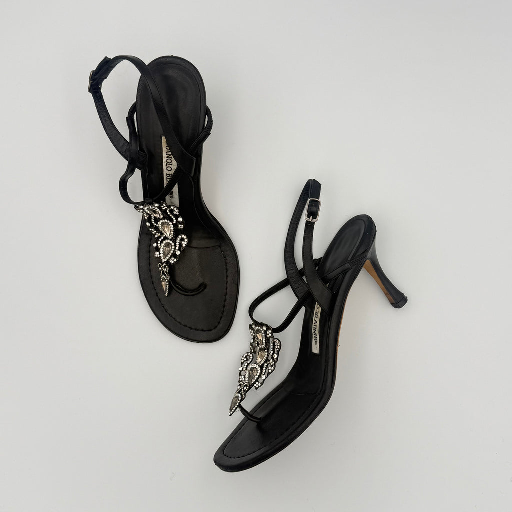 Manolo Blahnik Jewel Strappy Black Leather Sandal