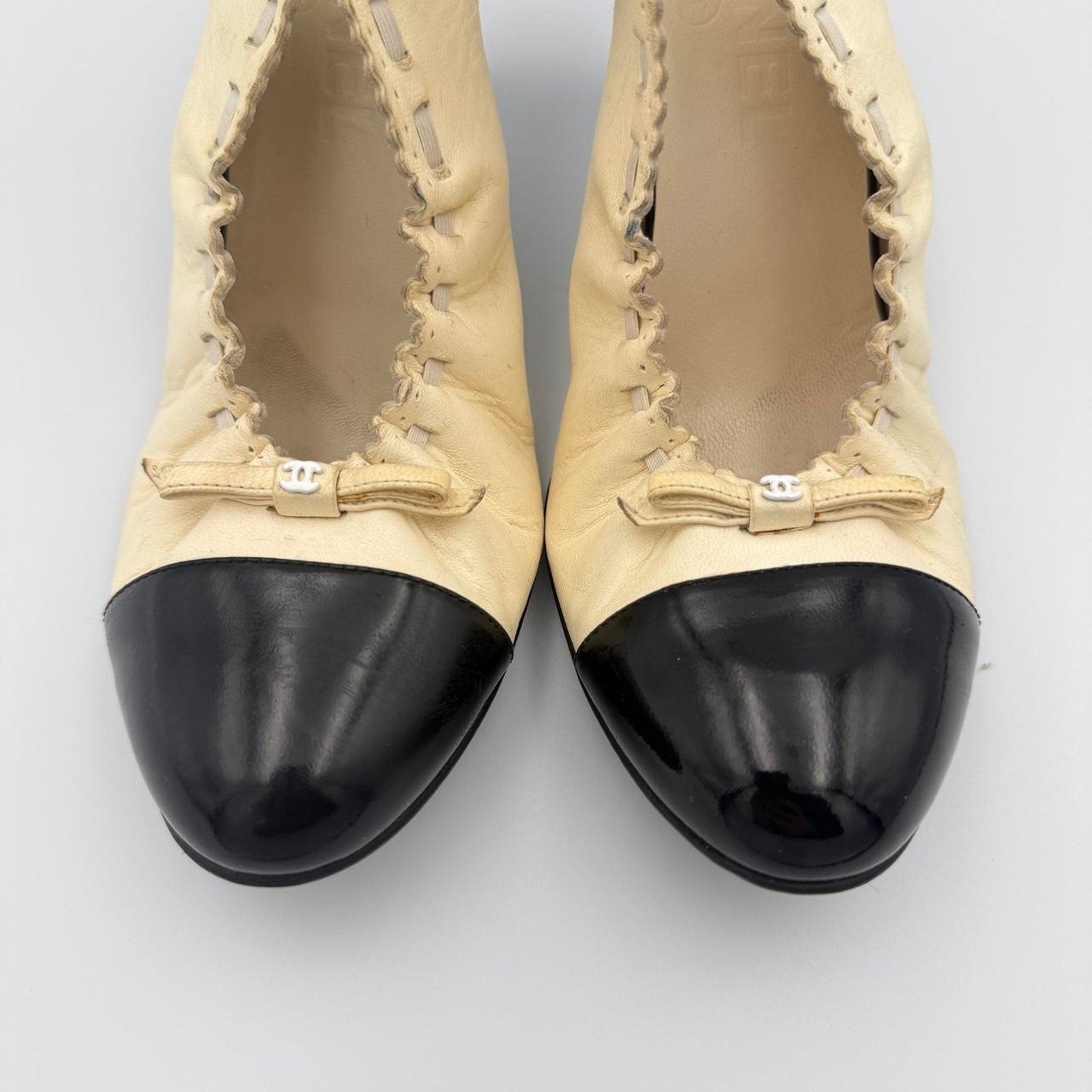 Vintage Chanel Ballet Flat Slingback Heels with Cap Toe in Cream & Black Leather and Interlocking CC Logo Bow