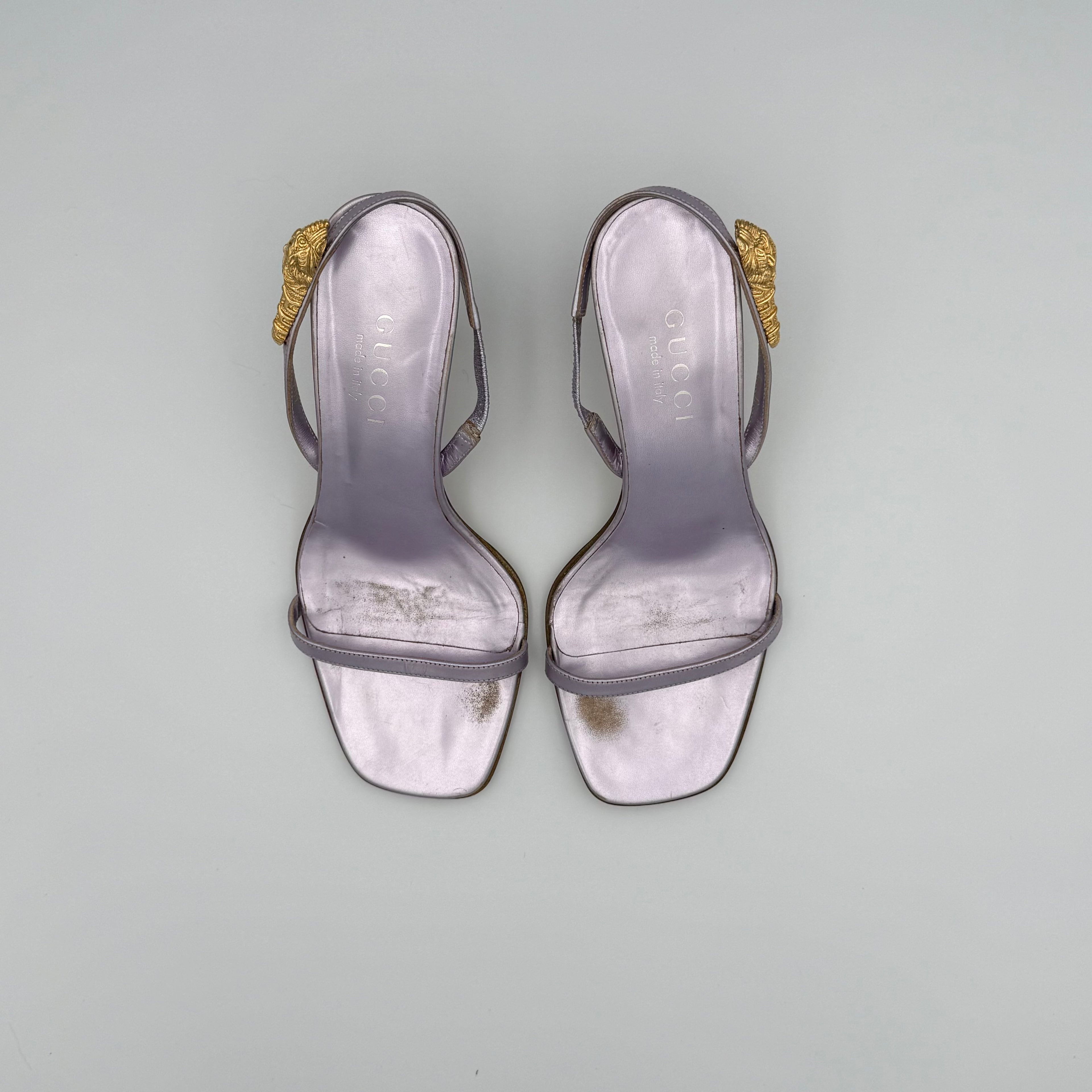 Gucci Tom Ford Era Lavender Gold Tiger Head Slingback Sandal Size 6