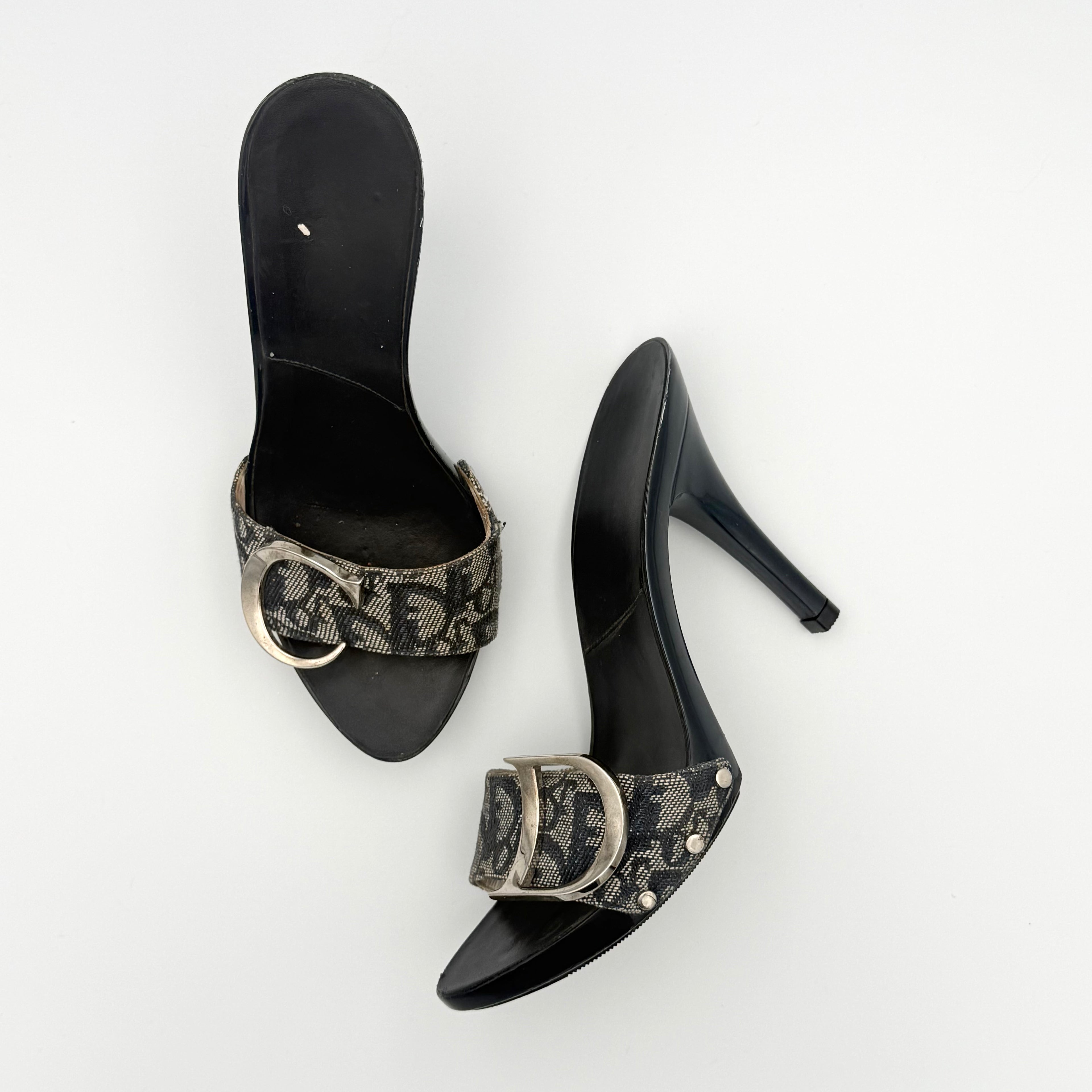 Vintage Dior by John Galliano CD Sandal Mule Heels in Navy Monogram Canvas